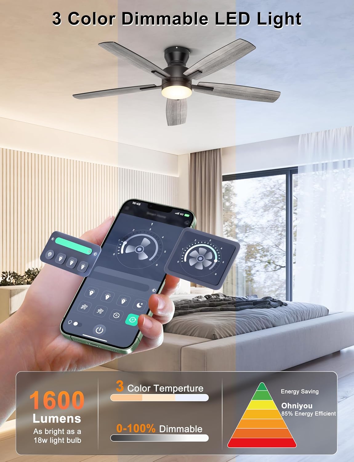 Thumbnail 3 de Ohniyou Ventilatore da soffitto a basso profilo 52 pollici con luce: controllo remoto e app, silenzioso e reversibile