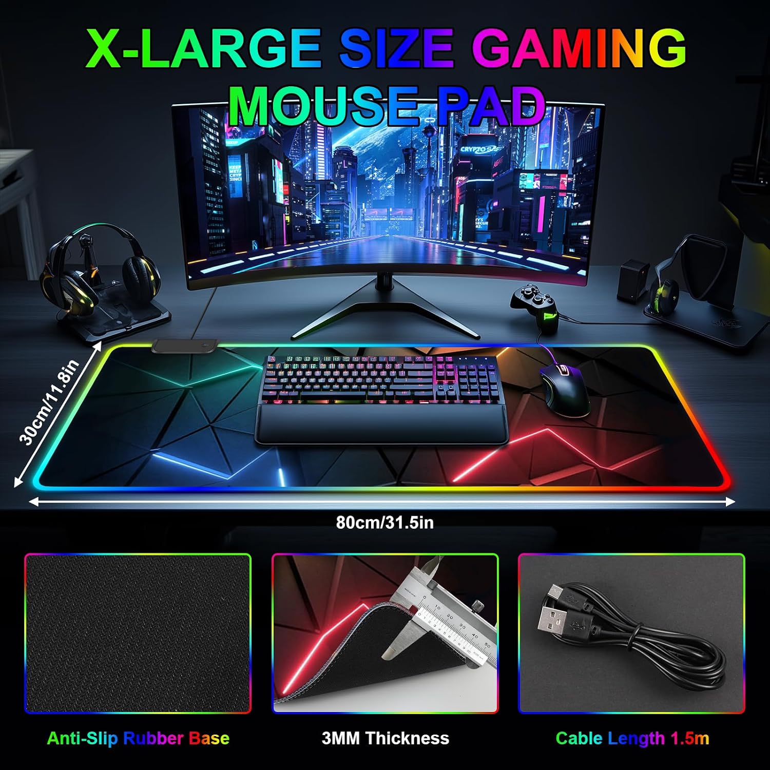 Detalle 2 de RGB Mouse Mat: Large 80x30 cm LED Gaming Mouse Pad with 13 Light Modes