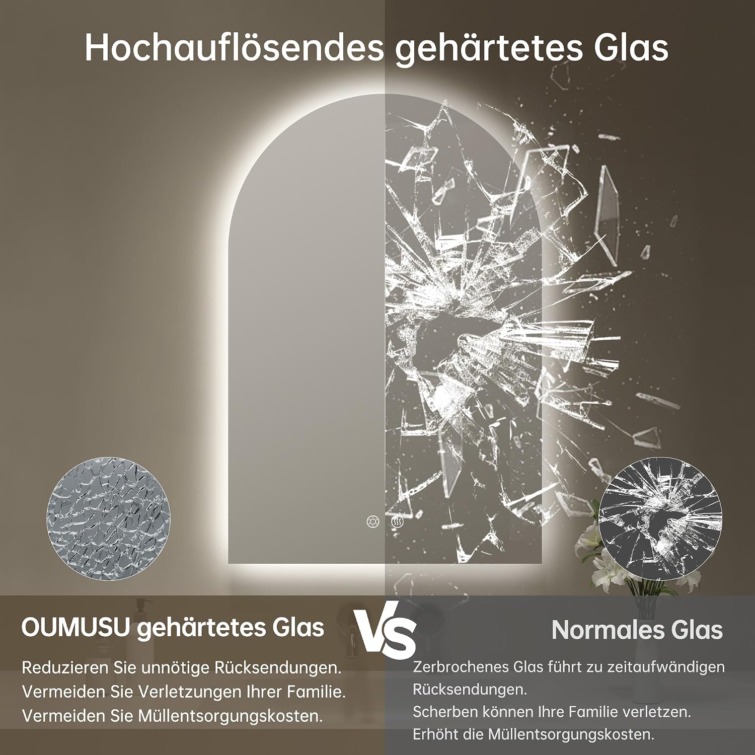 Detalle 2 de OUMUSU Badspiegel mit Beleuchtung Bogen 50x75 cm – rahmenlos, beschlagfrei per Heizung & Touch, dimmbar