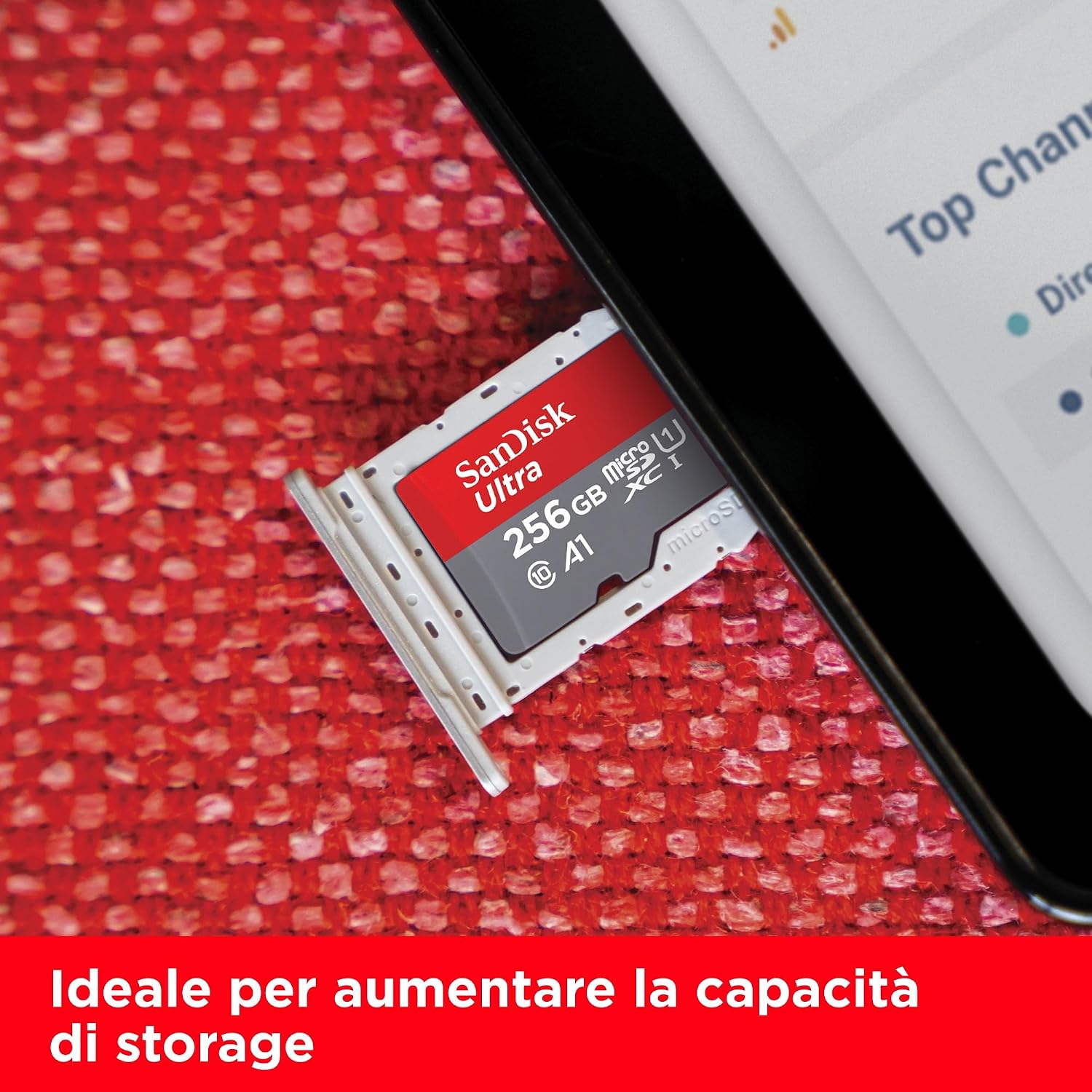 Detalle de SanDisk Ultra microSDXC 256GB con adattatore SD: velocità fino a 150 MB/s e prestazioni A1