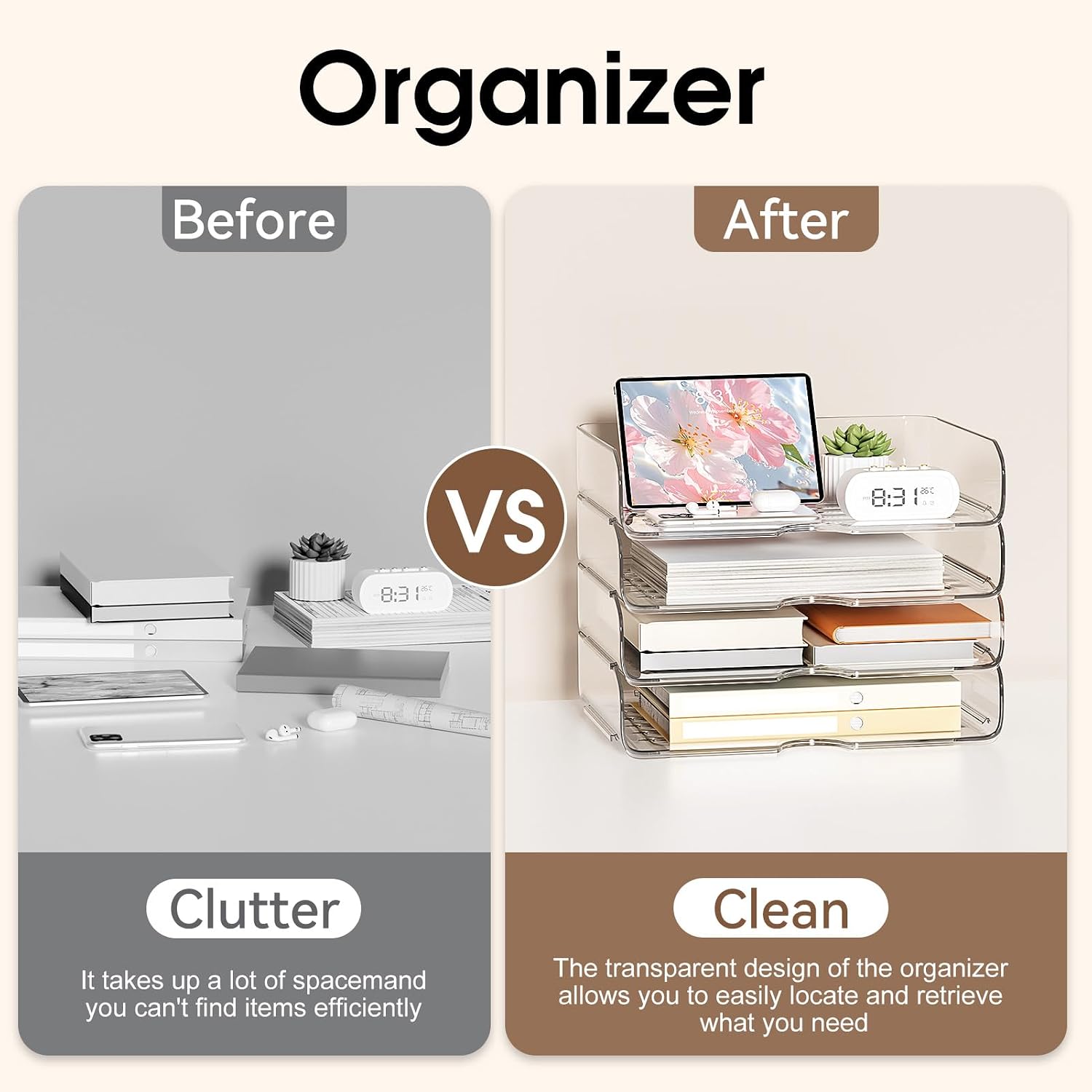 Detalle 2 de NUOGIC C4-DSKO-CA Acrylic Desk Organizer, Clear Stackable Paper Tray