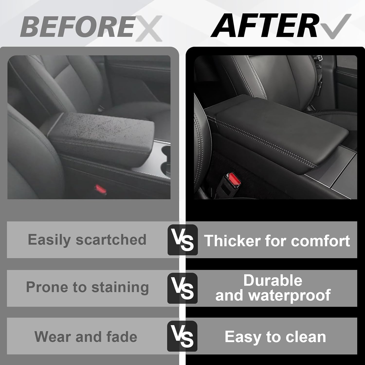 Thumbnail 6 de Muslogy Center Console Armrest Cover for Tesla Model Y Juniper 2026+ / Model 3 Highland 2024+ (Black Vegan Leather, Snap-On, 4-Layer Design)
