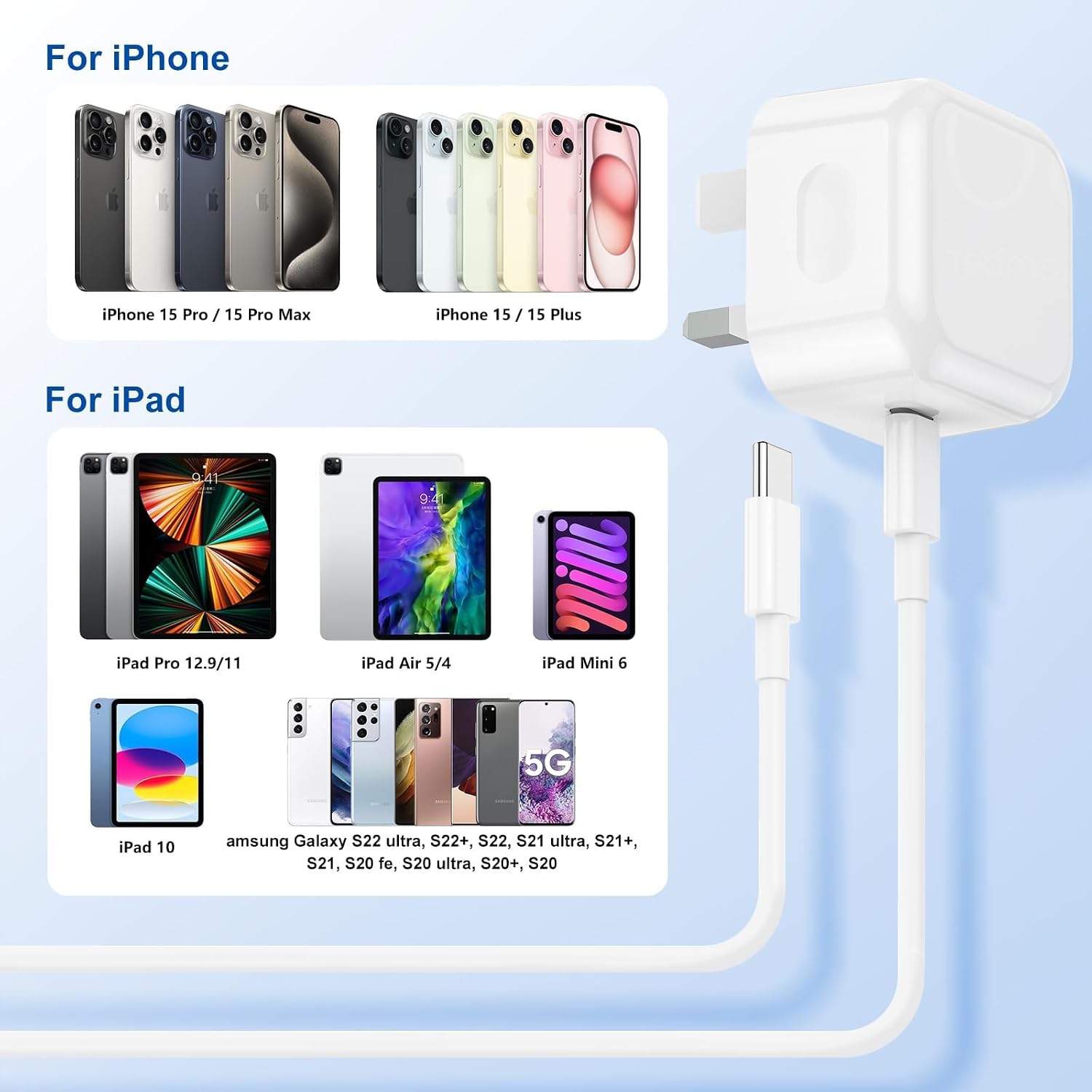 Thumbnail 5 de iPhone 17 16 Fast Charger with 2m Cable and iPad Fast Charger – UK Compatibility
