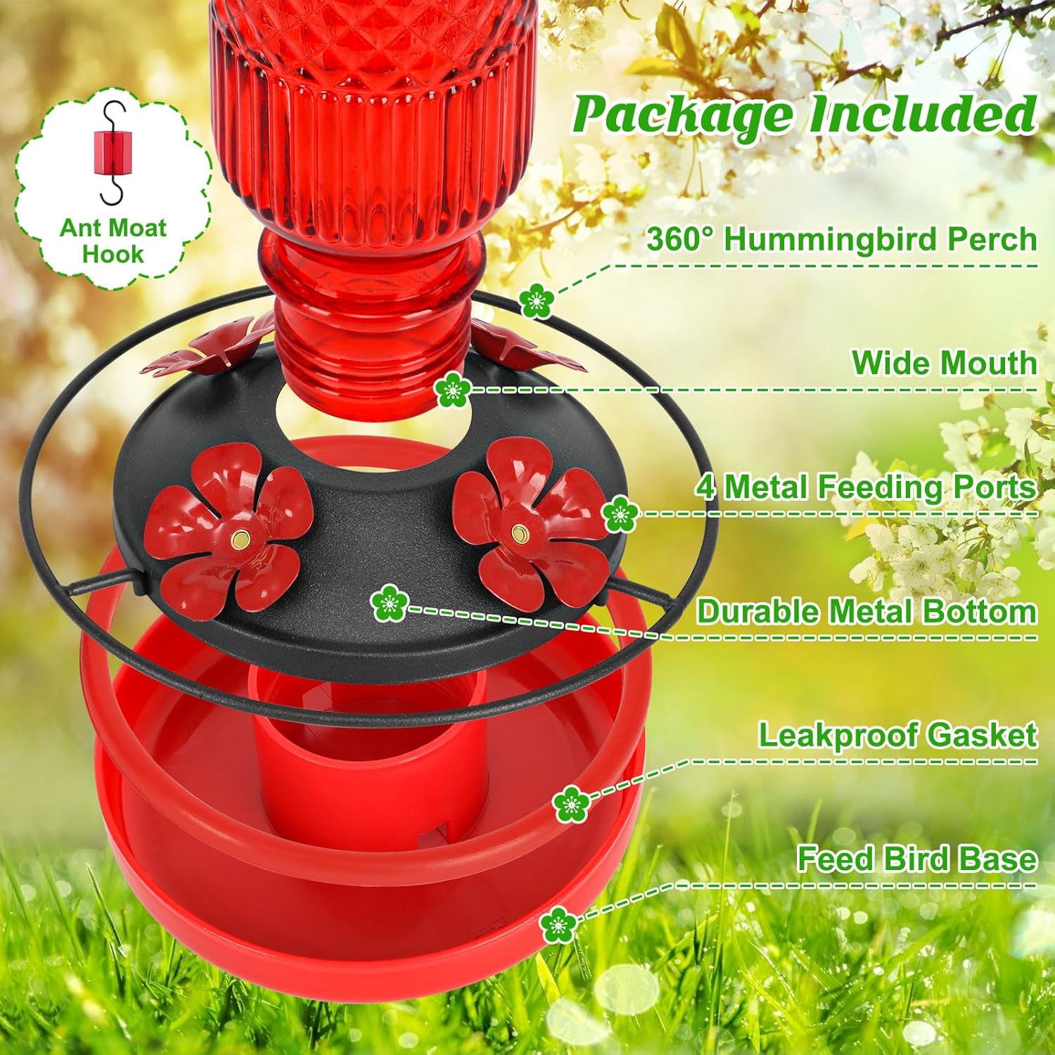 Thumbnail 2 de FEED GARDEN Glass Hummingbird Feeder (16oz) with Ant Moat, 4 Bee-Proof Ports & 360° Perch