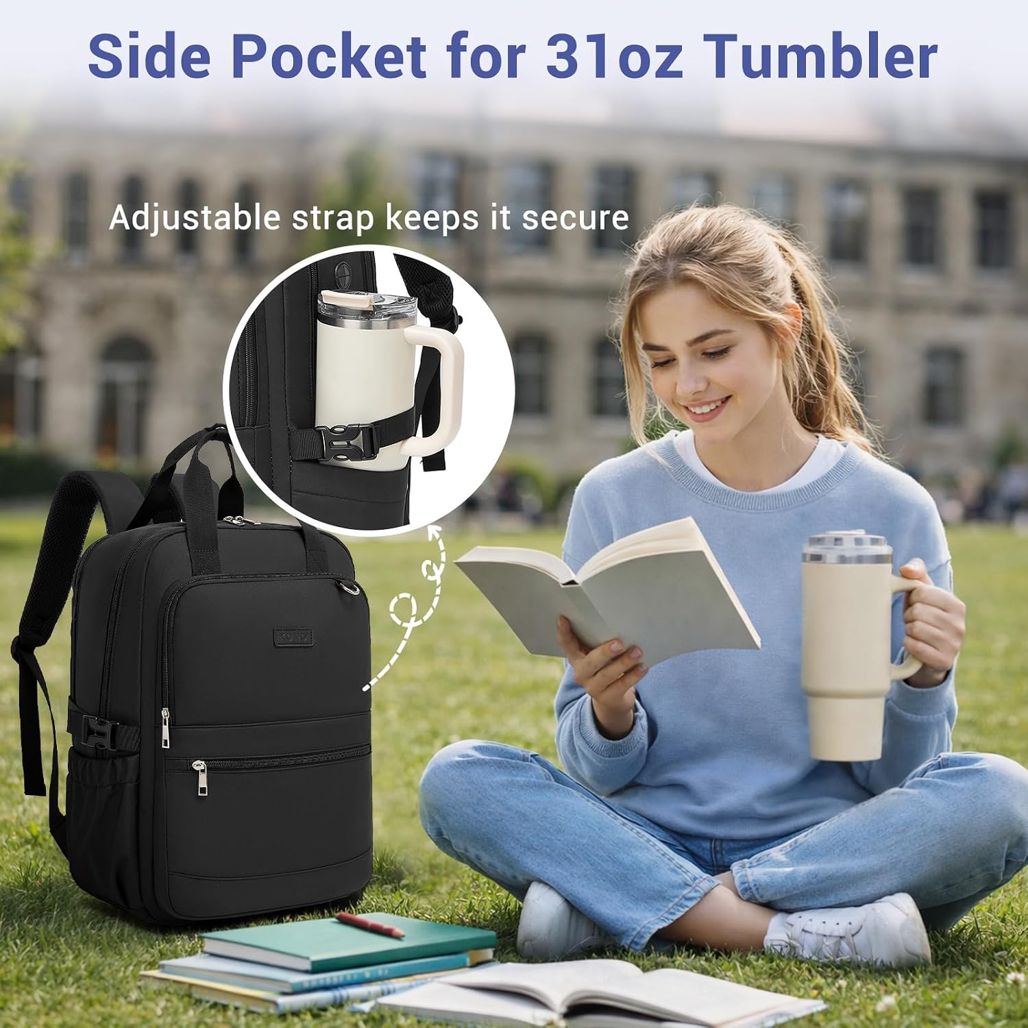 Detalle de Kono Women's Laptop Backpack with Pouch Pocket: Spacious, Water-Resistant Work & Travel Bag for 15.6 Inch Laptops