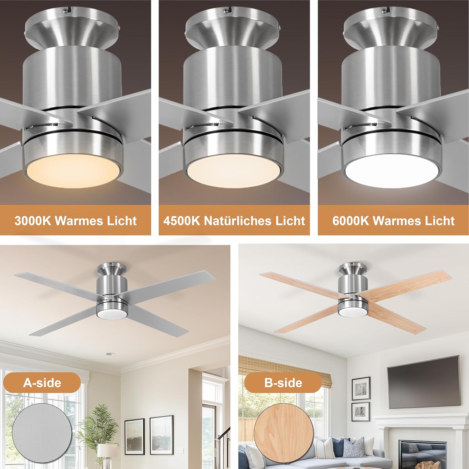 Thumbnail 4 de Ohniyou Deckenventilator mit Beleuchtung und Fernbedienung – 132 cm, 4 Flügel, 6 Geschwindigkeiten