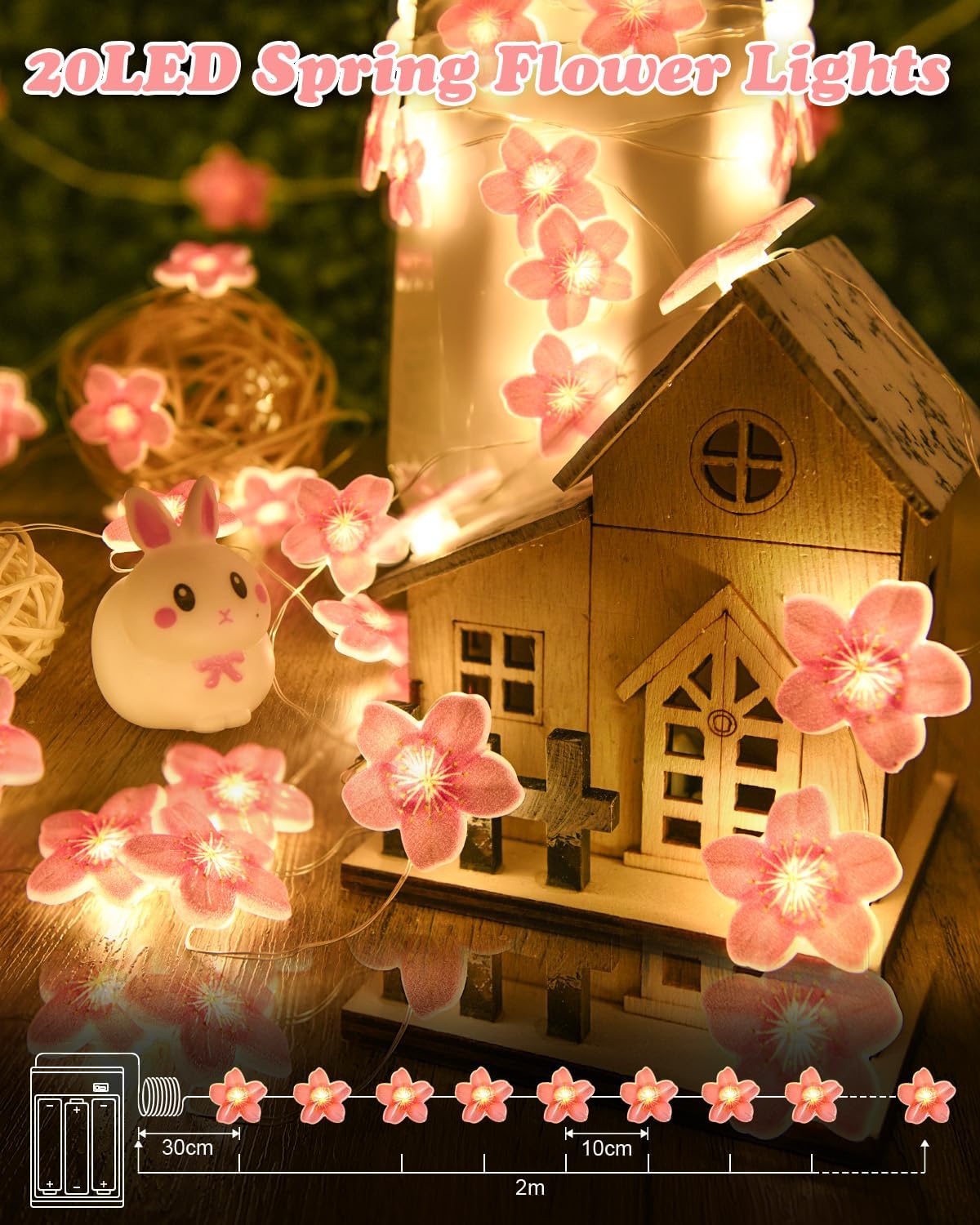 Detalle de Dalugo Flower Fairy String Lights, 2M 20 LEDs Pink Cherry Blossom with Timer