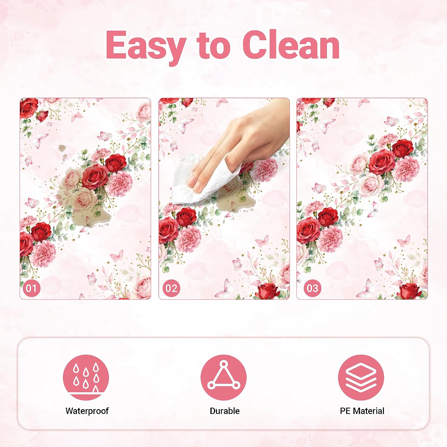 Detalle 2 de Childom 3-Pack Pink Floral Disposable Plastic Tablecloths, 54 x 108 Inches
