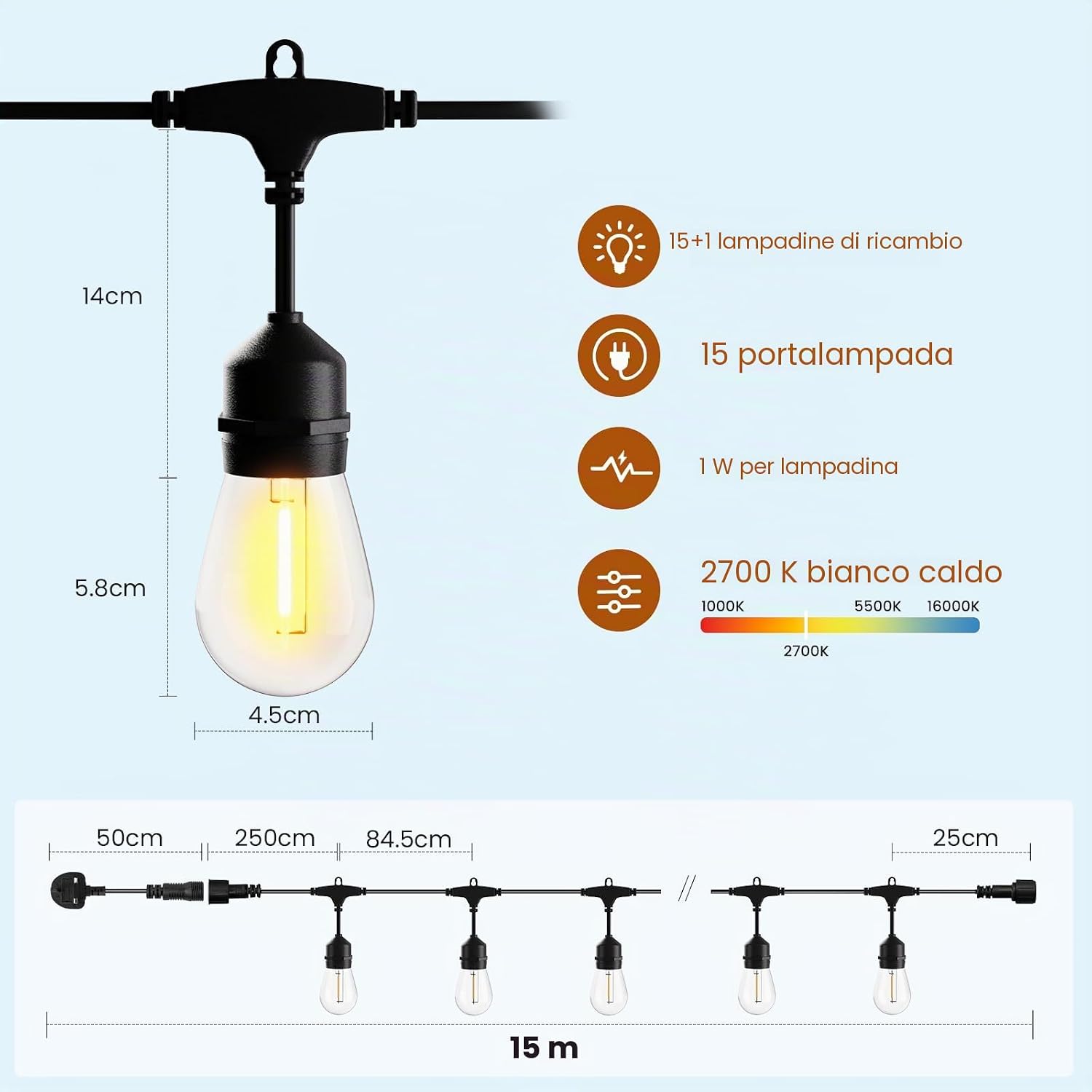 Thumbnail 6 de Yuucio S14 Catena Luminosa da Esterno 15 m IP65 (15+1 luci, 1 W, 2700 K) per Giardino e Terrazza
