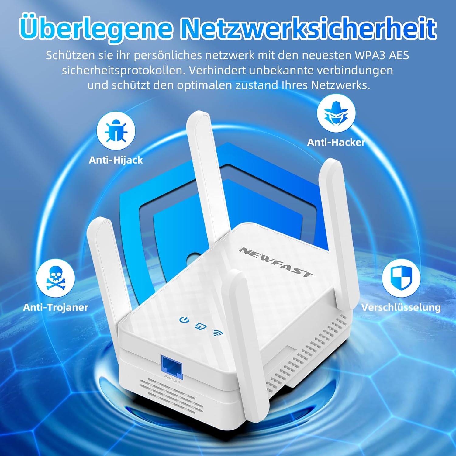 Detalle 2 de NEWFAST 2026 WiFi 6 Extender – 3000 Mbit/s, 4 Antennen, MU-MIMO, Gigabit-Port, 3 Betriebsmodi