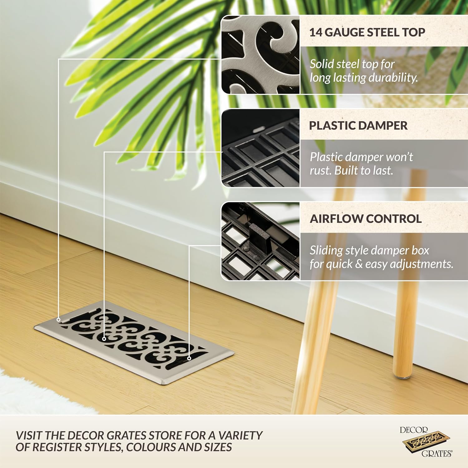 Detalle de Decor Grates SPH410-NKL Scroll Floor Register, 4x10, Brushed Nickel Finish