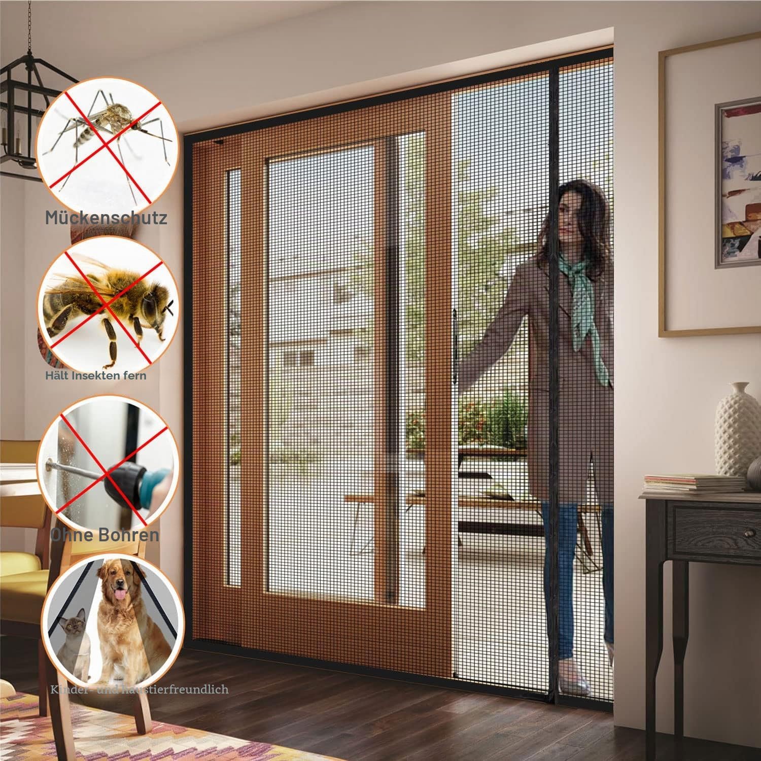 Detalle 2 de Risareyi Magnetisches Fliegengitter-Türset 115x215 cm mit seitlicher Öffnung – Klettband, ohne Bohren