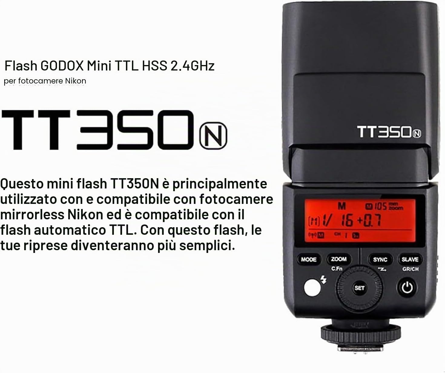 Detalle de Godox TT350N per Nikon: flash TTL con HSS 1/8000s e controllo radio 2,4 GHz