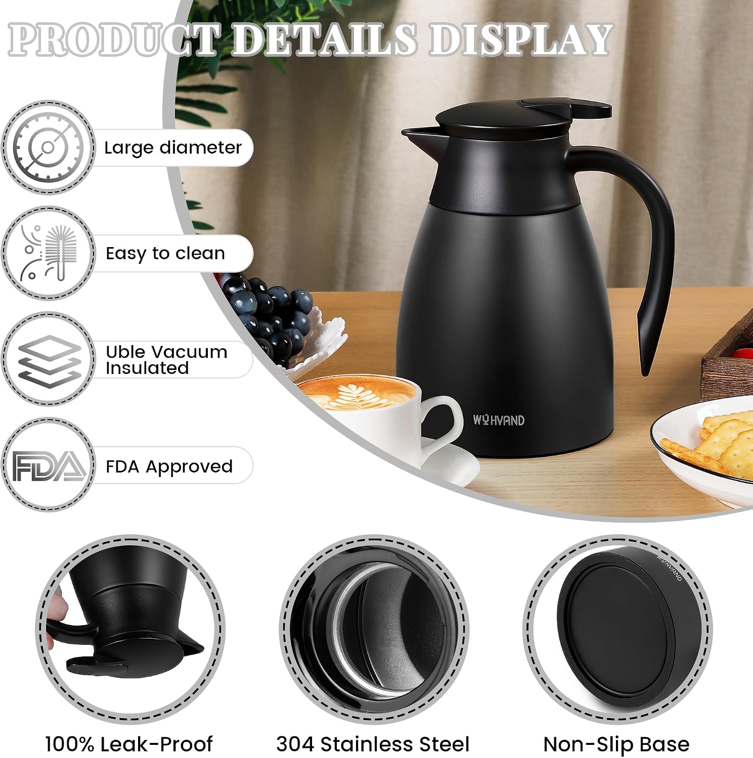Detalle 2 de WYHVAND CL0210BK Thermal Coffee Carafe, 1.0 L, Black Stainless Steel