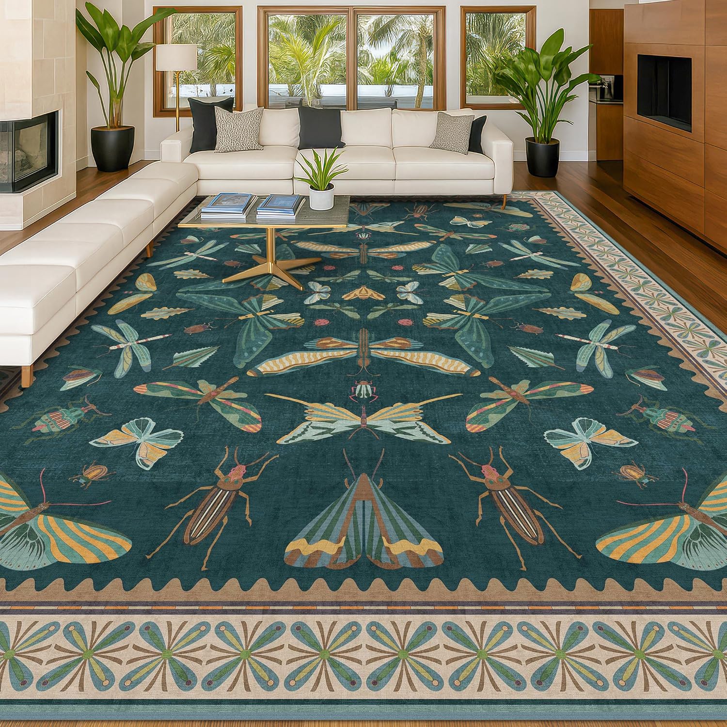 Detalle de Hazo Haus 9x12 Large Living Room Rug (Dark Teal Multi) — Lightweight Non Slip Low Pile