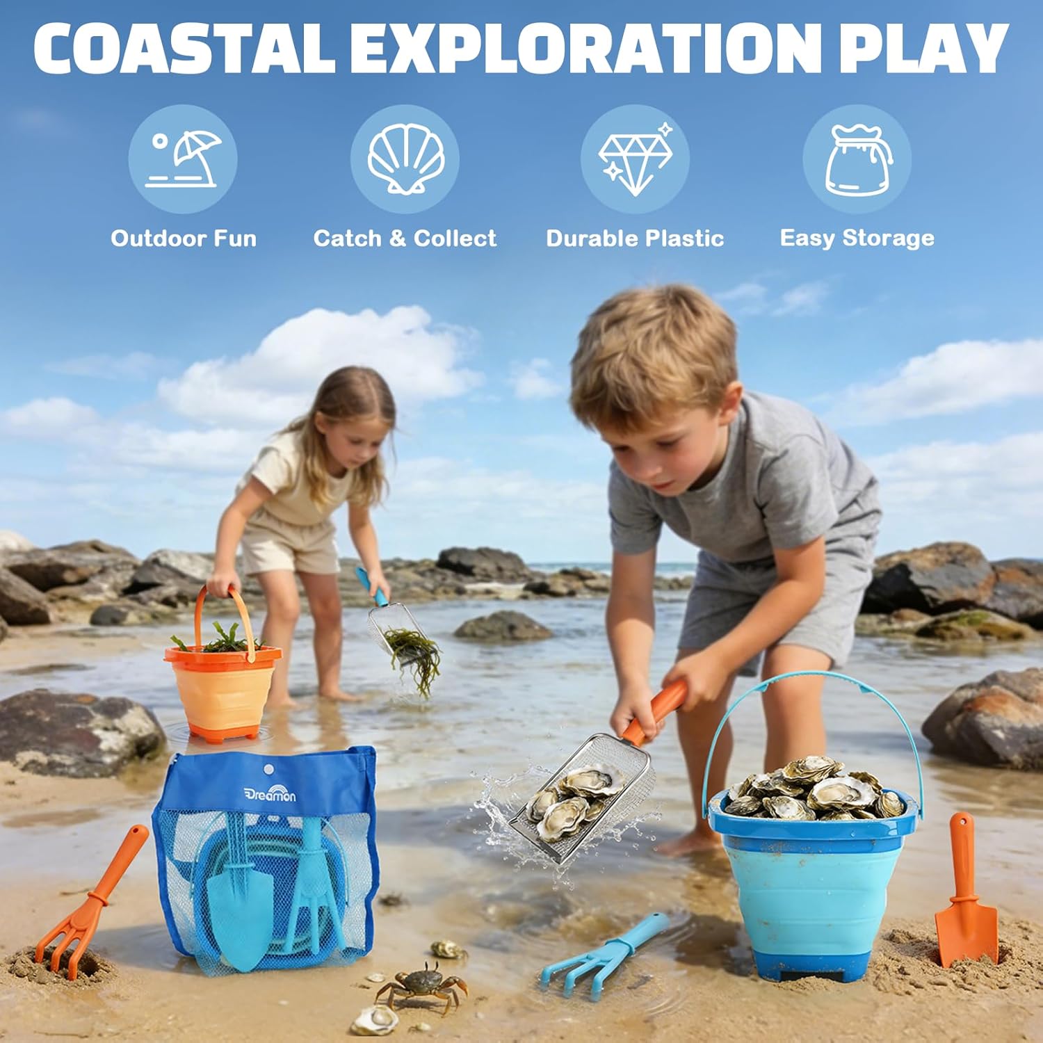 Thumbnail 2 de Dreamon Beach Sand Toys 2-Set: collapsible buckets, sifters, shovel & rake with seashell bag (kids 3–5)