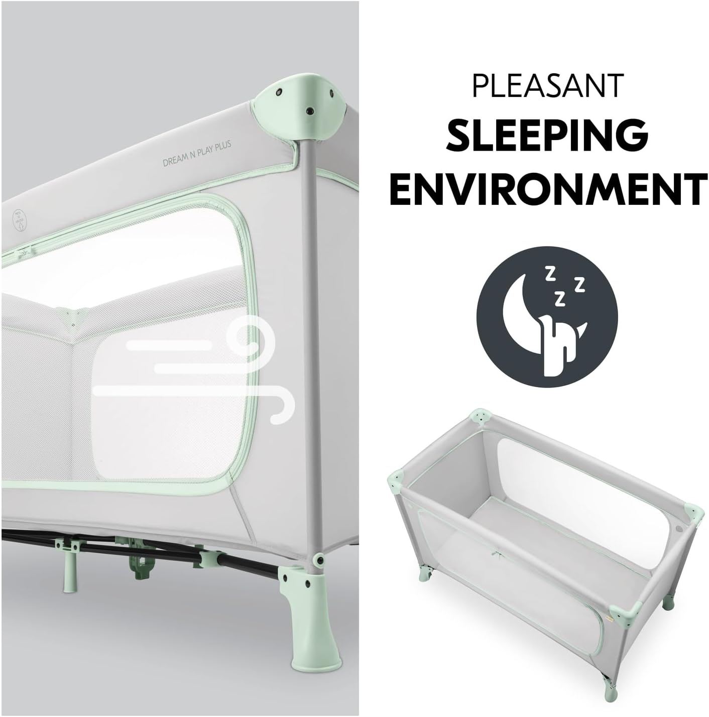 Detalle de hauck Dream N Play PLUS Travel Cot for Babies & Toddlers (Dusty Mint) – XL Hatch, Lightweight & Compact Folding