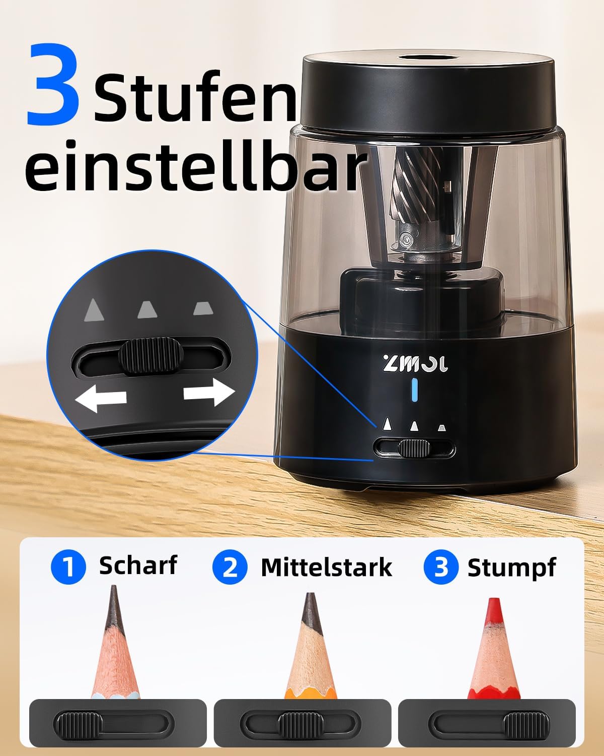 Detalle de ZMOL Elektrischer Bleistiftspitzer für Kinder – USB-C, Auto-Stopp, 6–8 mm, Schwarz
