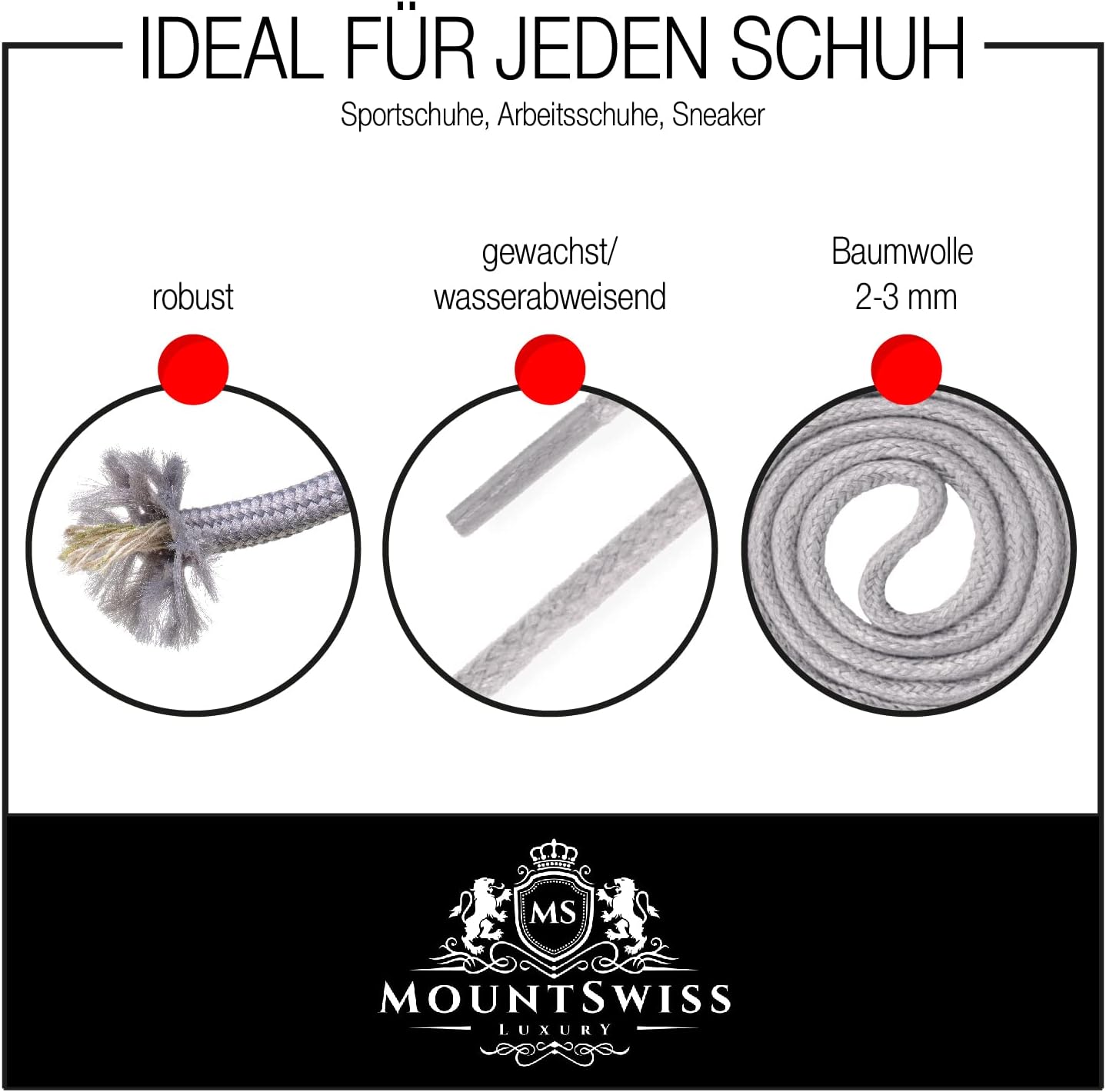 Thumbnail 1 de Lacets ronds cirés en coton tressé Mount Swiss (tailles 45 à 120 cm, Ø 2 & 3 mm) – unisexe