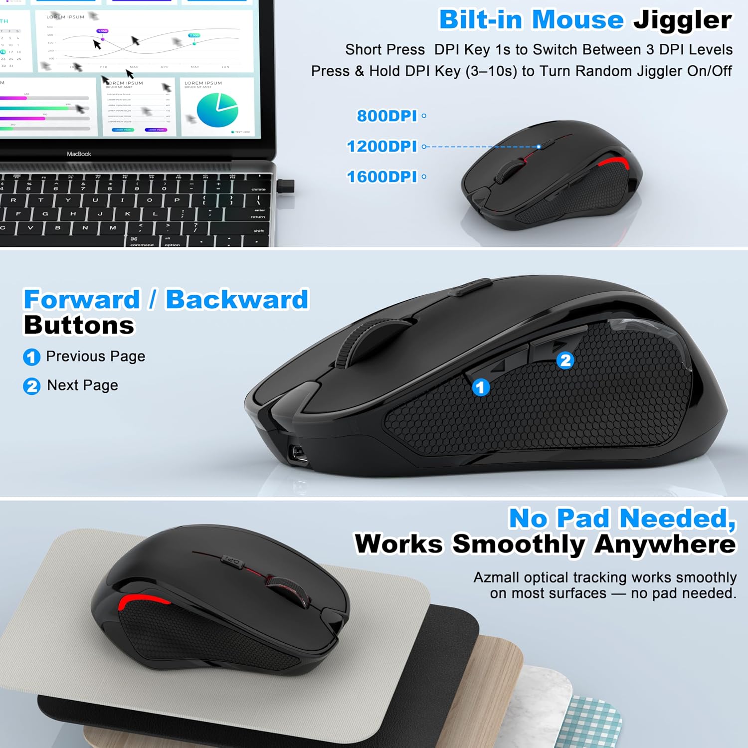 Thumbnail 4 de Azmall ergonomische kabellose Maus (Silent) mit 2,4 GHz & Bluetooth, 1600 DPI, für Laptop/PC/MacBook/iPad