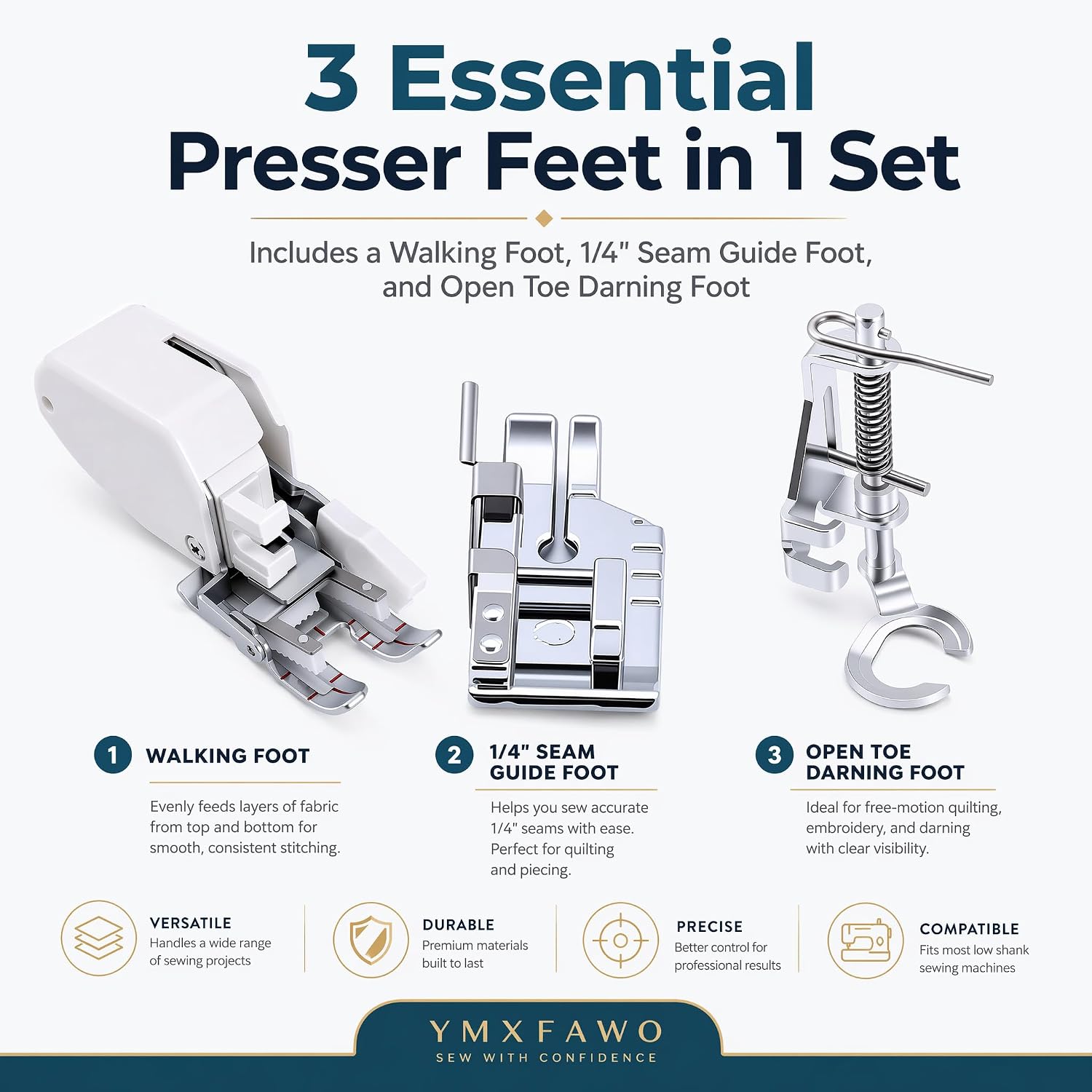 Detalle de YMXFAWO Walking Foot Quilting Presser Foot Set, 3 Pieces for Low-Shank Machines