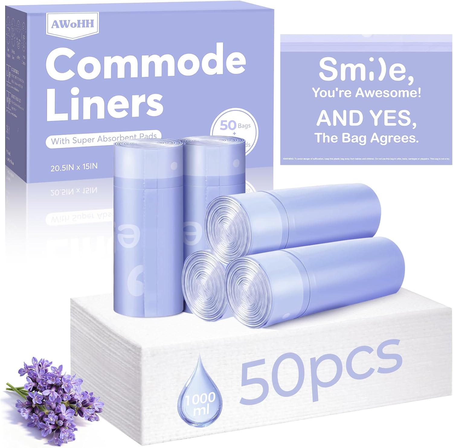 Imagen de 50 Pcs Bedside Commode Liners with Absorbent Pads – Tear-Free, Leak-Proof Lavender Scented Liner Bags for Portable Toilets en OfertitasTOP