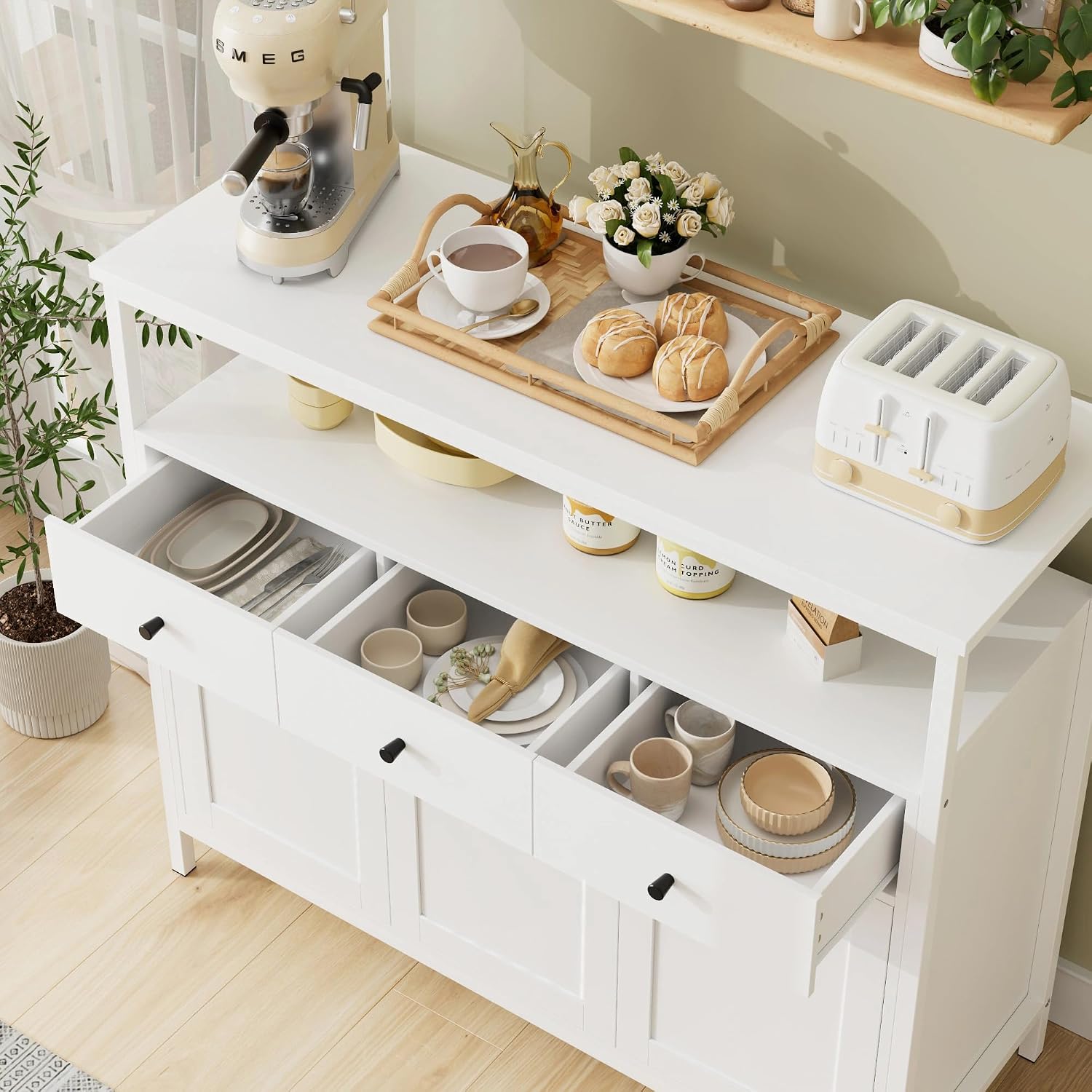 Detalle 1 de FirFurd P030 White Sideboard Storage Cabinet with 3 Doors, 3 Drawers and Adjustable Shelves