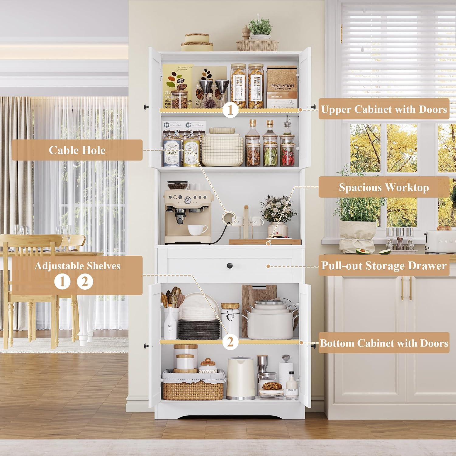 Detalle 1 de FOREHILL P622 180cm Tall Kitchen Cupboard, White, Adjustable Shelves and Countertop