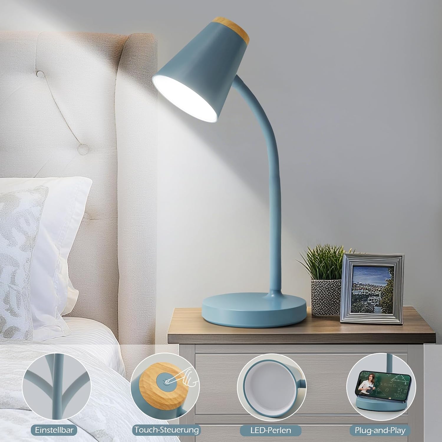 Detalle de GyroVu LED-Schreibtischlampe mit Touch-Dimmung und flexiblem Gänsehals (blau)