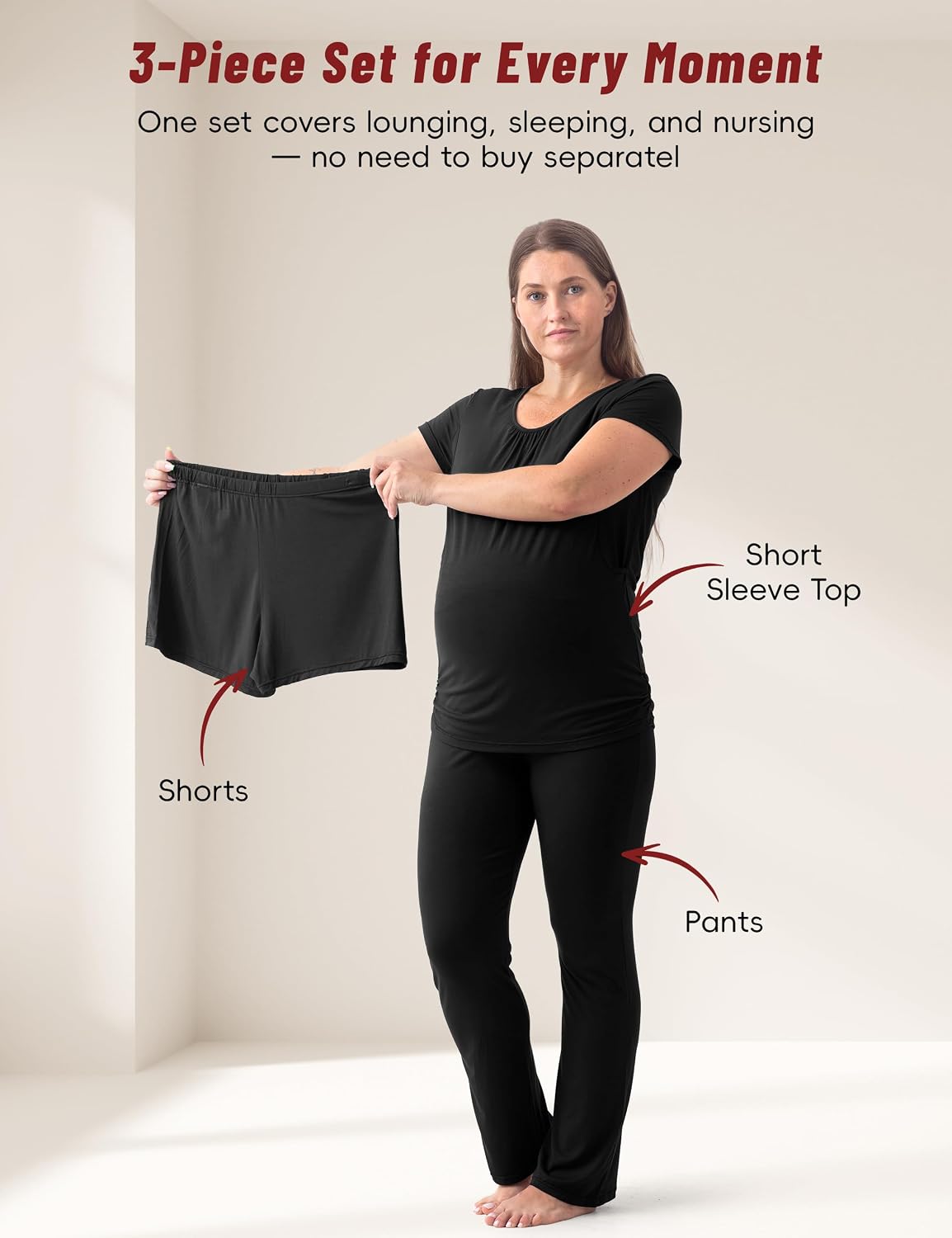 Thumbnail 3 de SUNNYBUY Damen Umstandsmode Stillpyjama-Set – 3-teiliges Stillpyjama-Set mit Kurzarm-Shirt, Shorts und Schlafhose