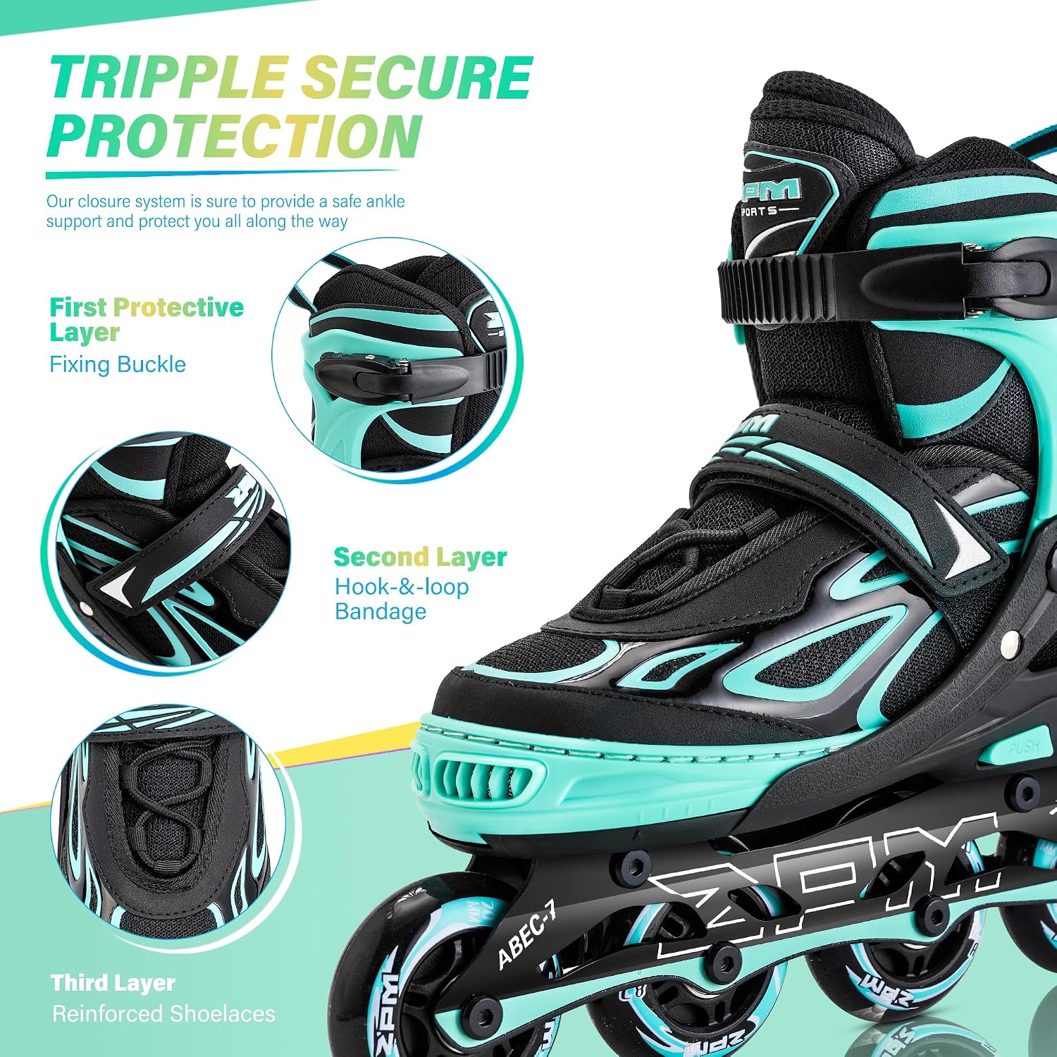 Detalle 1 de 2PM SPORTS Adjustable Inline Skates for Kids, Mint, Light-Up Wheels