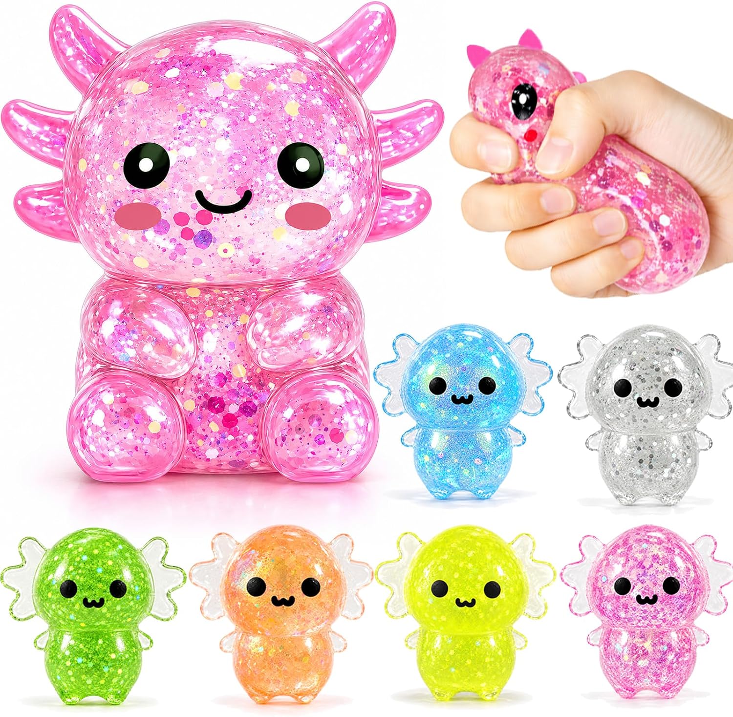Detalle de HFZCZW Axolotl Squishy Toy Set, Big Pink Axolotl and 6 Glitter Toys