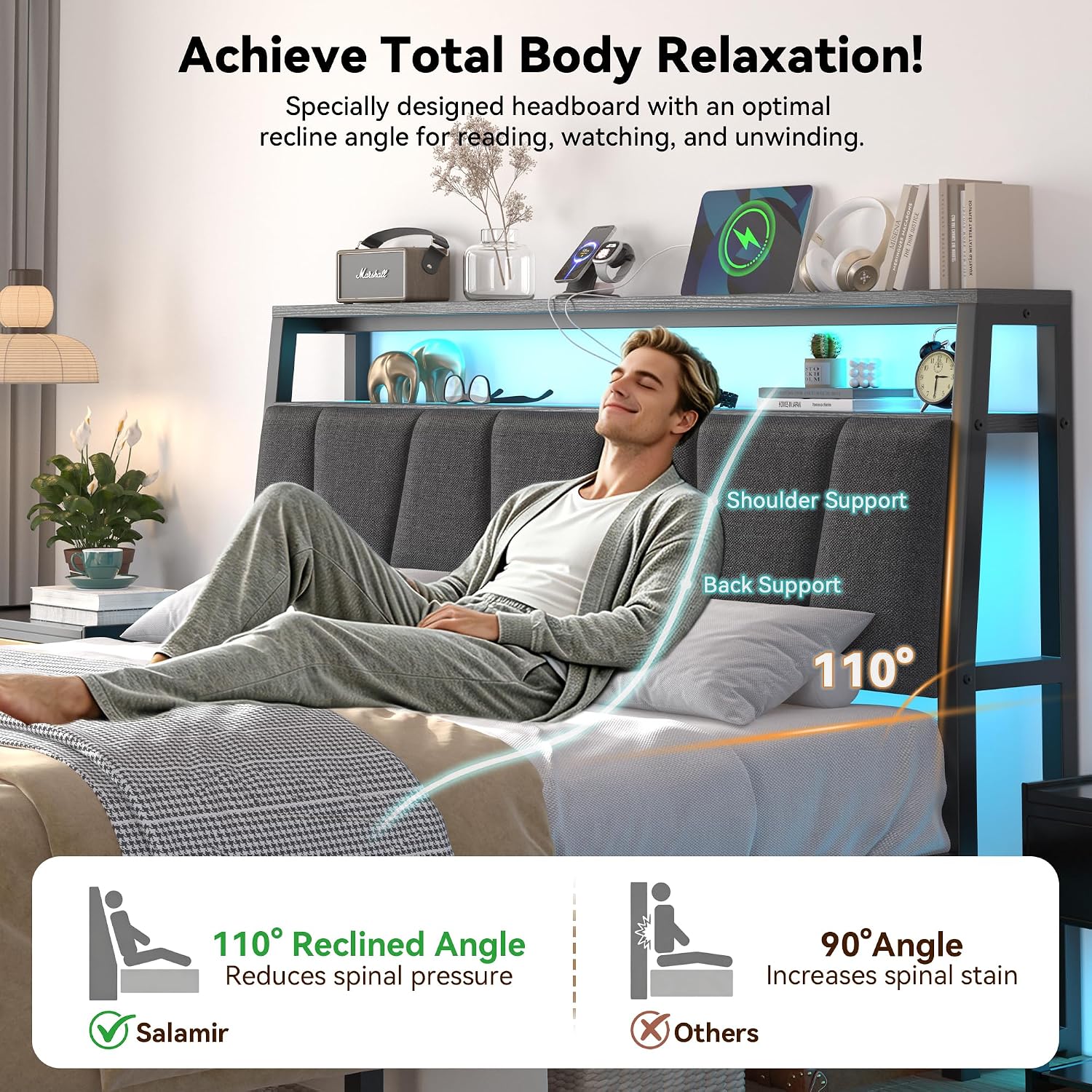Thumbnail 6 de FreeHouse FRH--096CJ-GQ Queen Platform Bed Frame with Storage and LED Lights