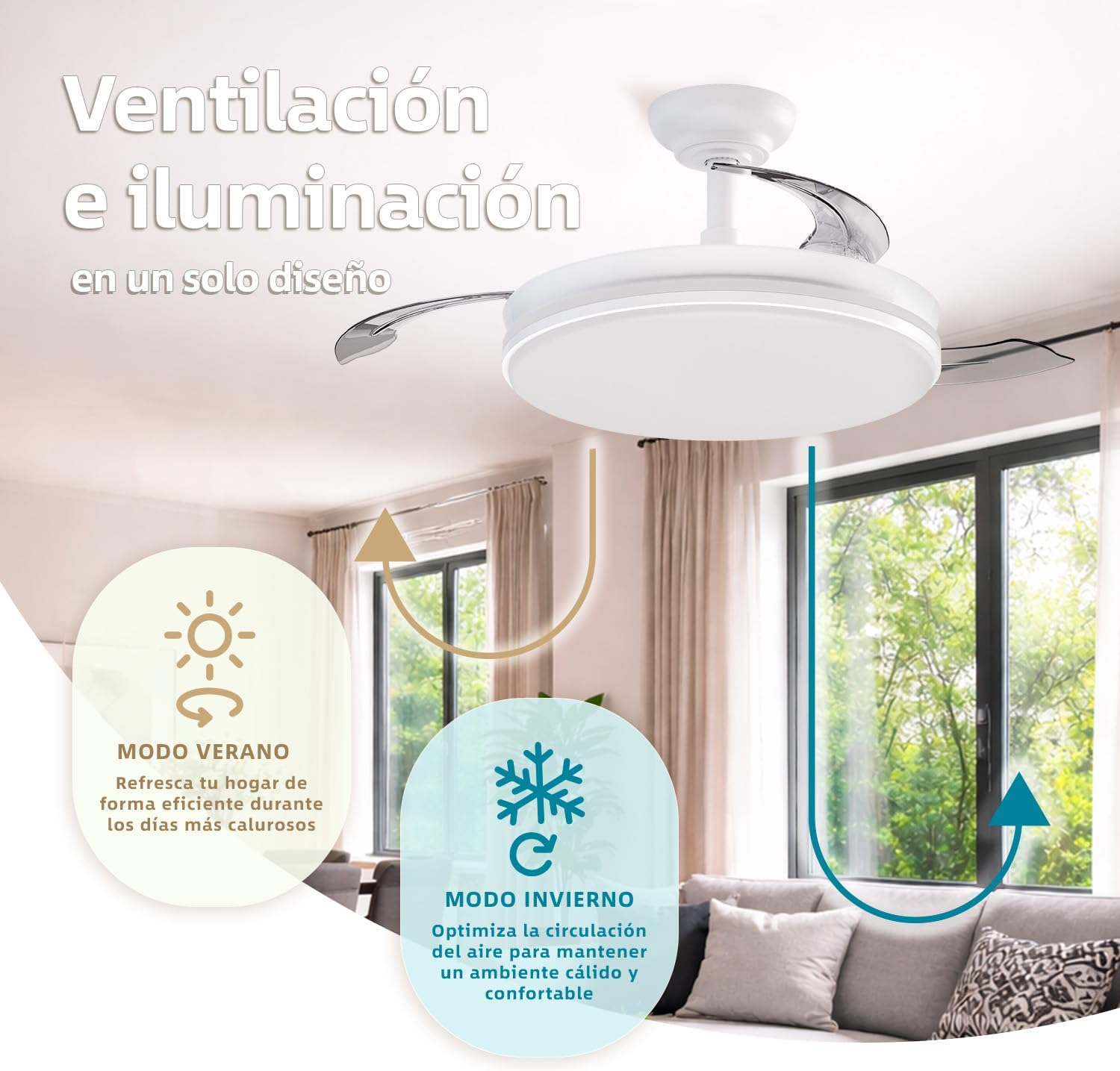 Detalle de Ventilador de techo LEDUNI con luz, mando y motor DC 30W de 6 velocidades (50 cm, blanco mate)