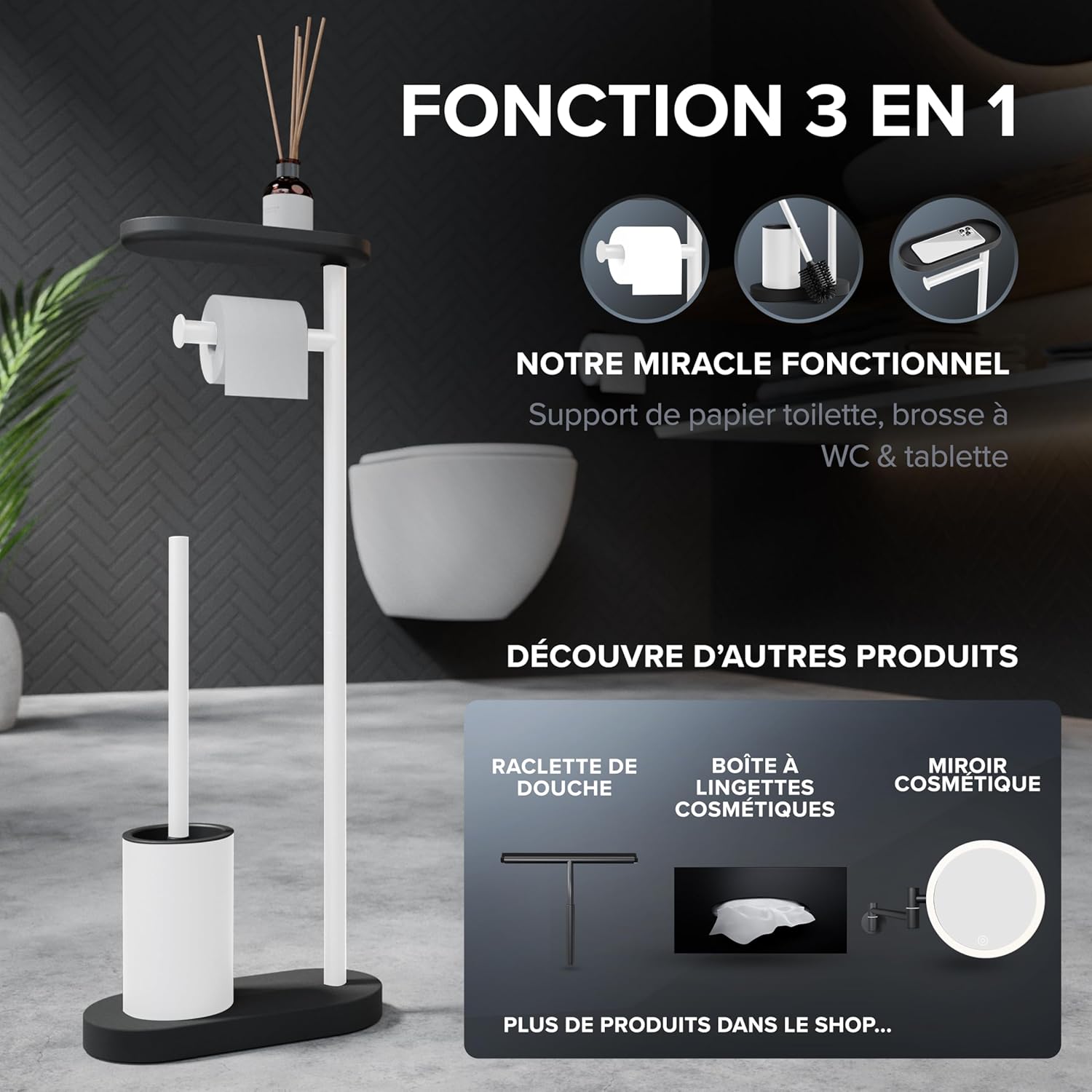 Thumbnail 6 de Ovimar Set de WC sur Pied 3 en 1 Vradal Blanc — Brosse silicone Tribors, Porte‑papier et Support Smartphone