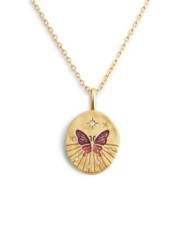 Detalle de SINGULARU Collar Medallion Butterfly Rose: latón bañado en oro 18Kt, cadena 45 cm