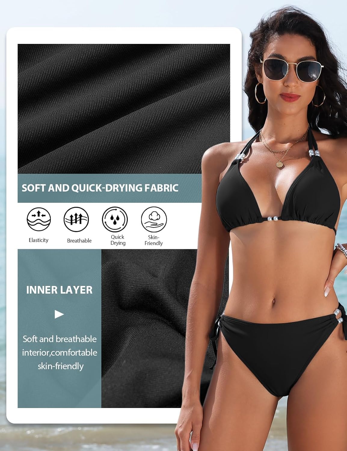 Thumbnail 4 de CMTOP women’s halterneck triangle bikini set with adjustable tie side bottoms (UK two-piece)