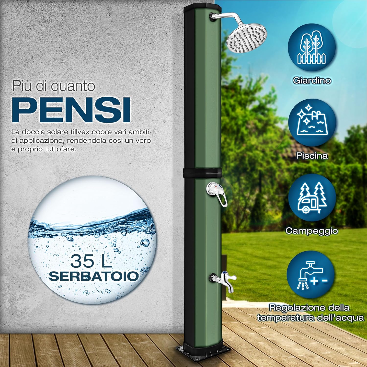 Thumbnail 1 de Tillvex Doccia Solare con Coperchio di Protezione, 35 L, Nero/Oro – Doccia da giardino a energia solare