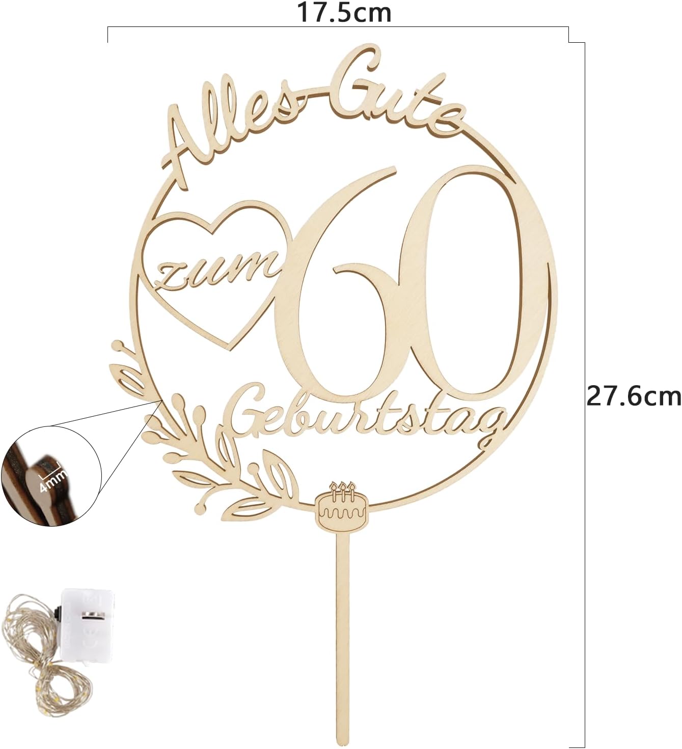 Detalle 2 de I LOVE MOM Cake Topper 60. Geburtstag Holz 🎂