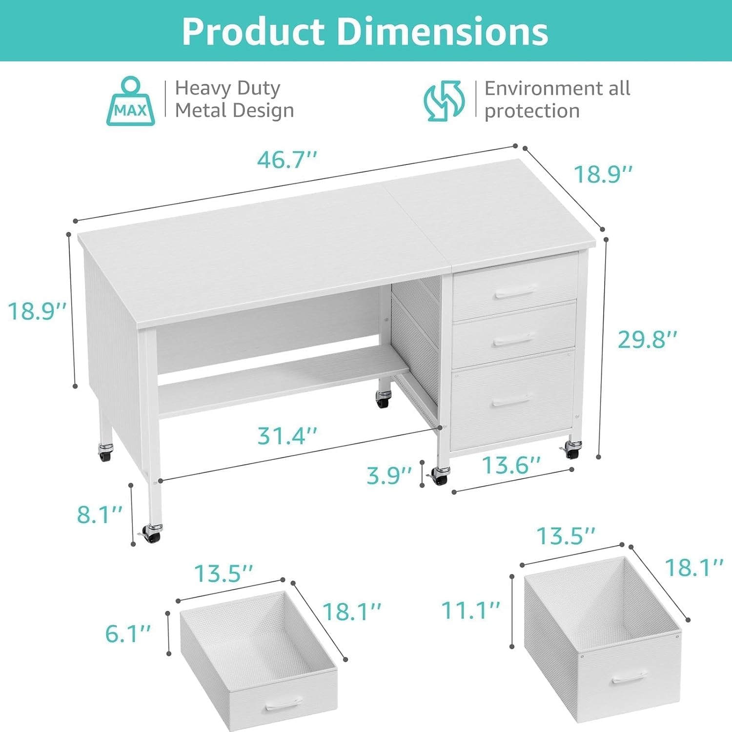 Detalle de WINAZ WIN-RTD47-WT Rolling Teacher Desk, 3 Drawers, Privacy Panels