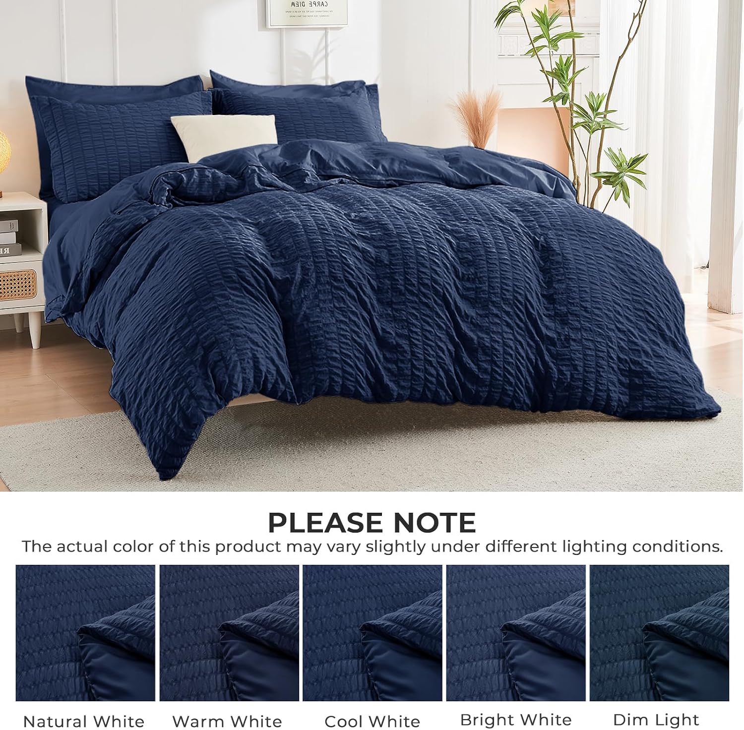 Detalle de HYMOKEGE California King Seersucker Comforter Set, Navy Blue, 7-Piece
