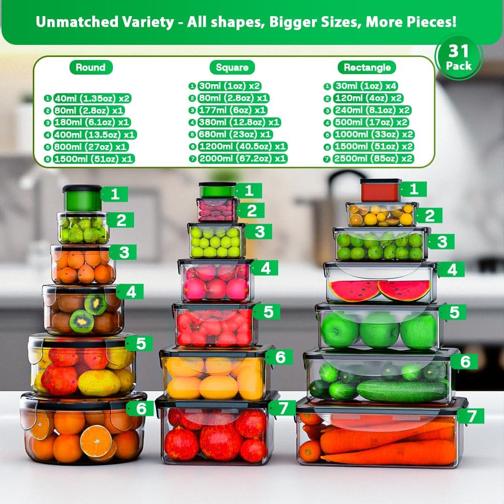 Thumbnail 1 de 62 Pcs Large Food Storage Containers with Lids – Airtight, BPA-Free, Leakproof Set