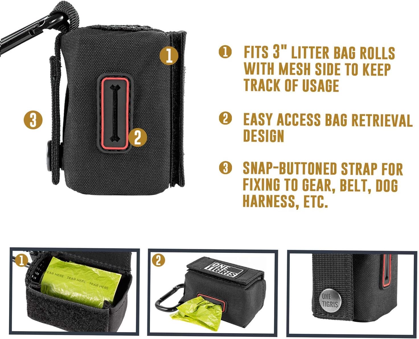 Detalle de OneTigris mini dispenser per sacchetti e borsa cambio bambini (nero) in nylon