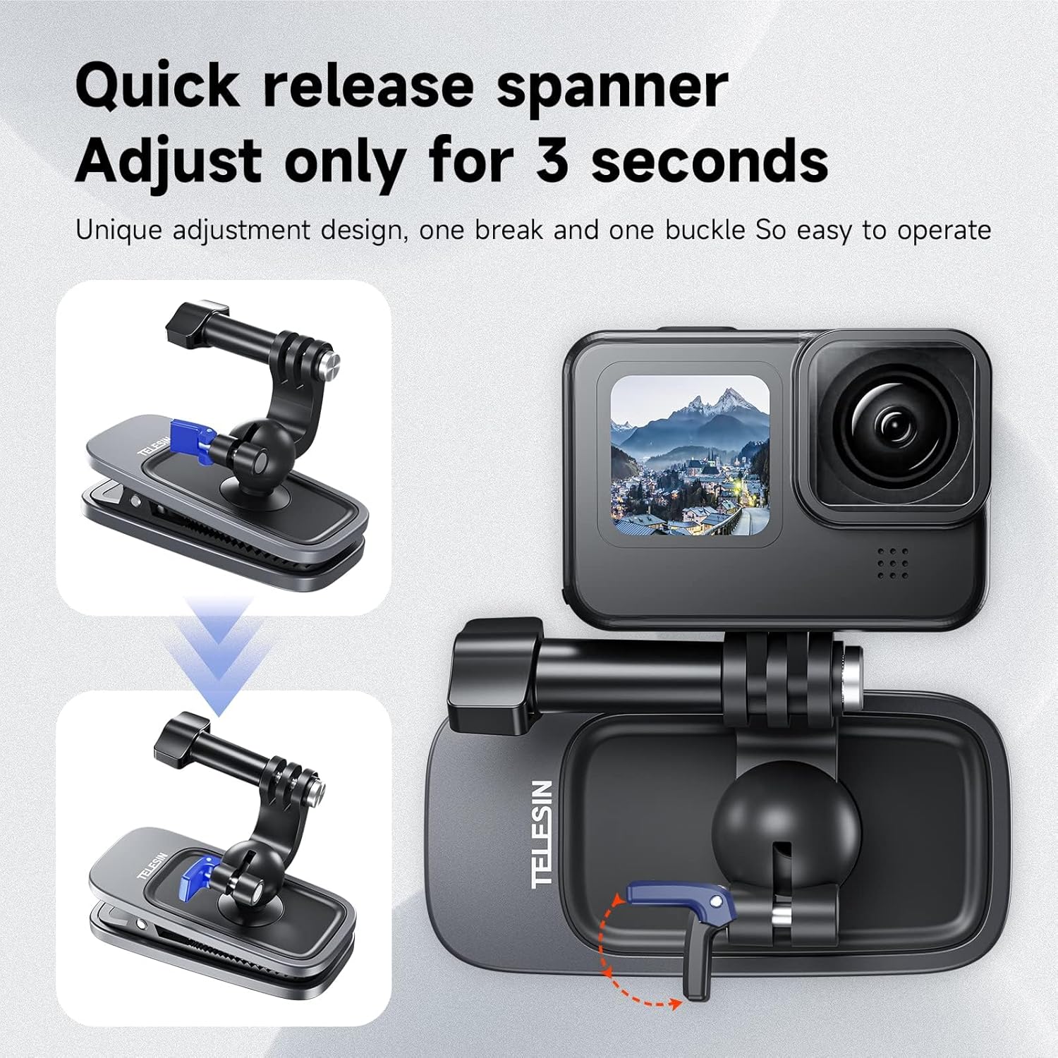 Detalle de TELESIN Backpack Shoulder Strap Clip Mount for GoPro & Insta360 — 360° Rotation and Quick Release Clamp