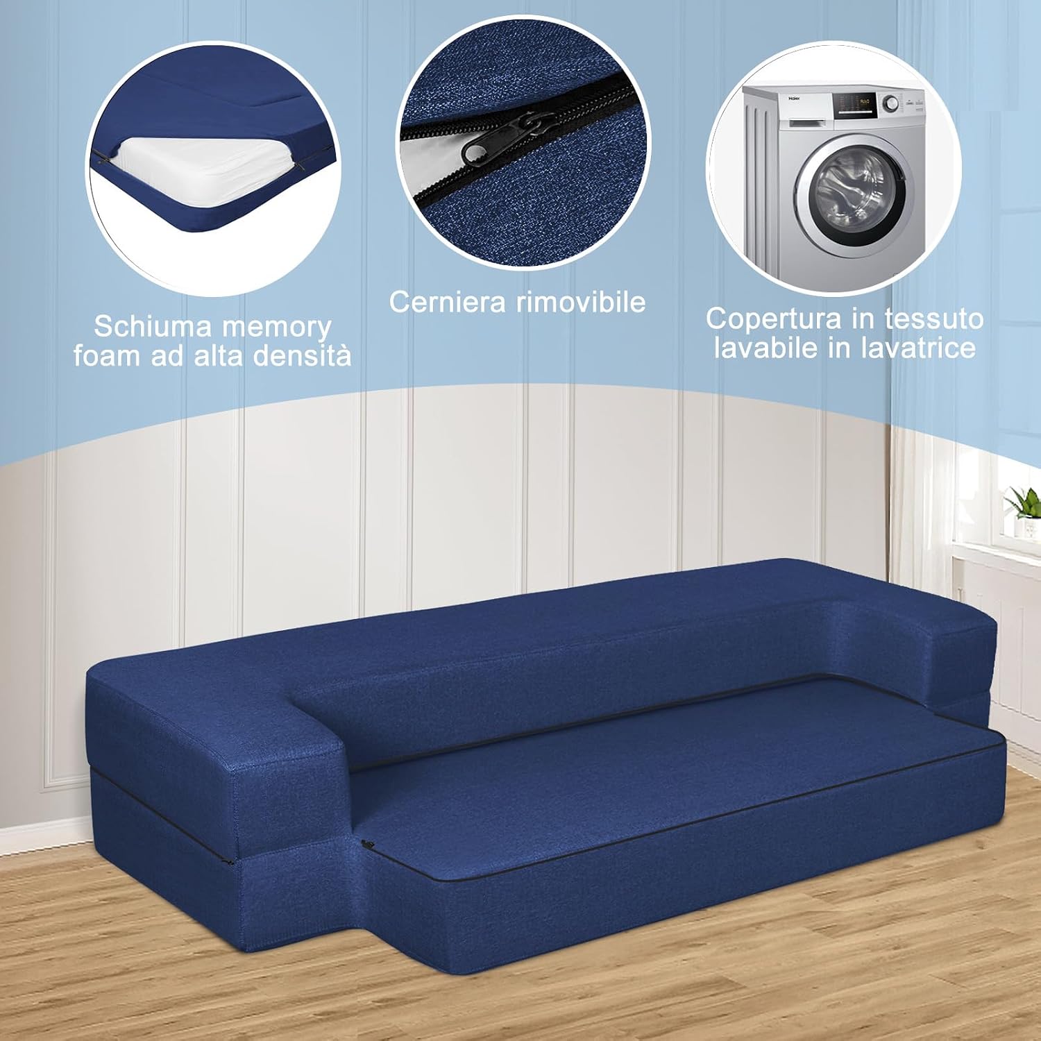 Detalle 2 de ANONER Divano Pieghevole Letto in cotone e memory foam 50D, blu scuro