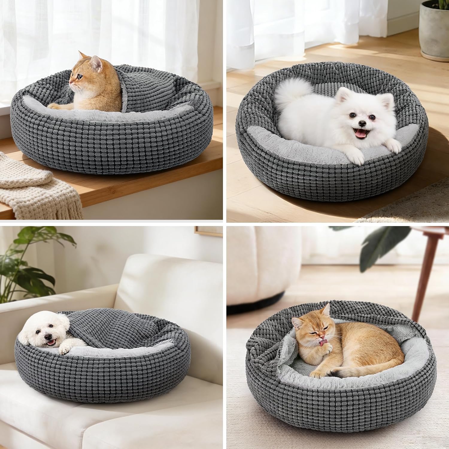 Detalle 2 de SIWA MARY PB0053-GY-23IN Hooded Donut Pet Bed, 26-Inch Plush, Washable
