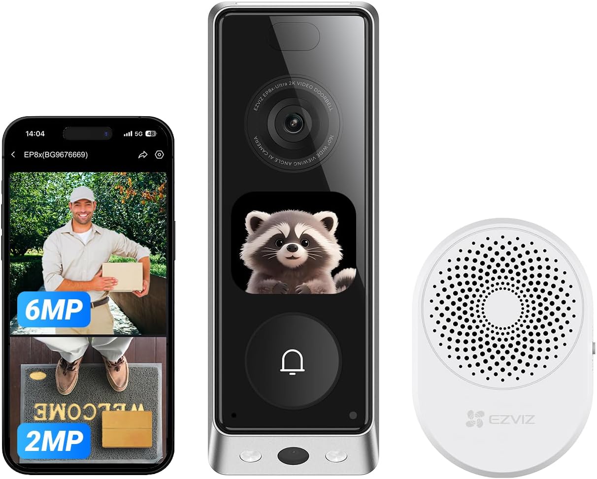 Detalle de EZVIZ Sonnette sans fil extérieure étanche EP8 Ultra avec carillon, double caméra 6MP+2MP et écran interactif