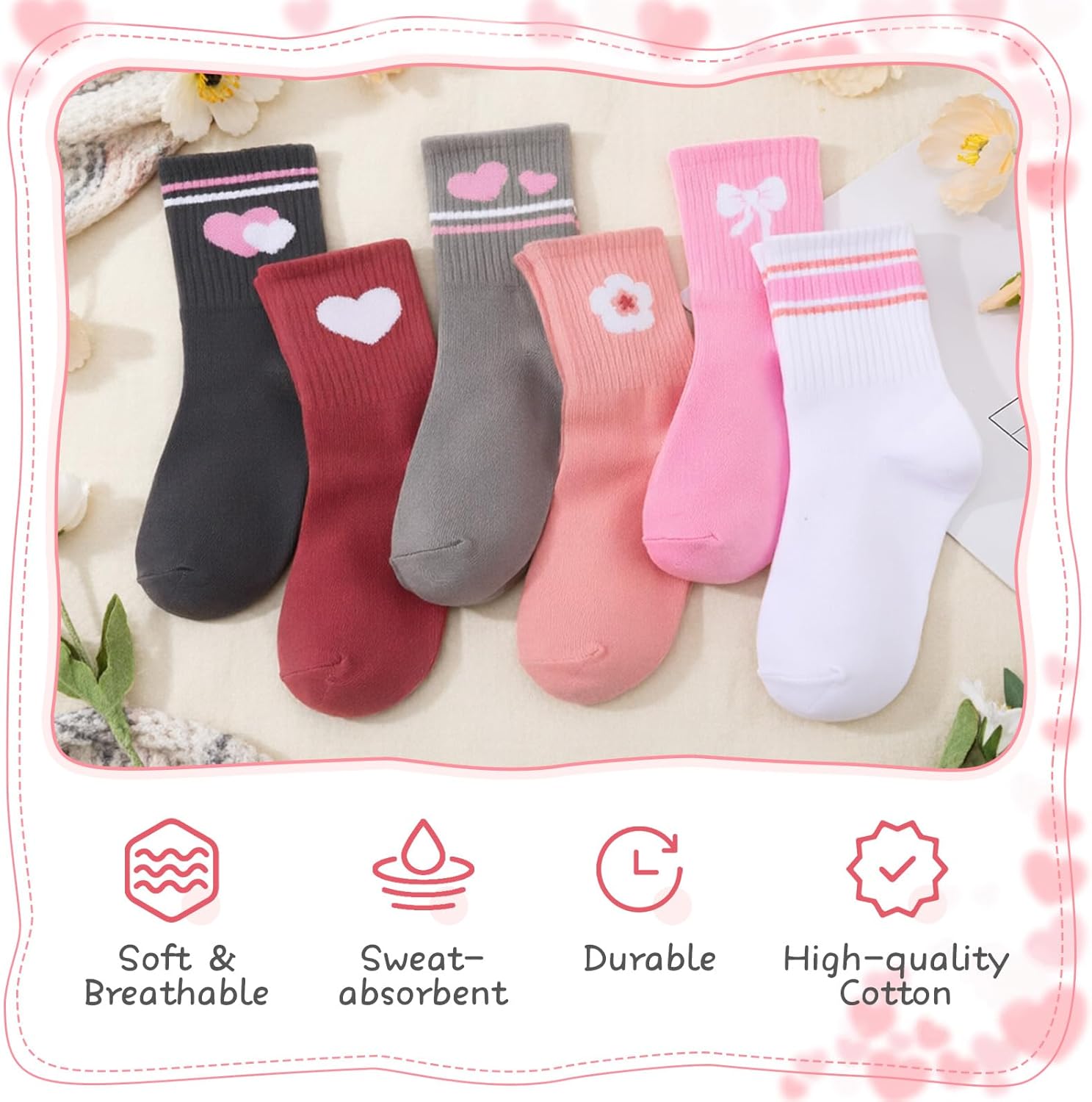 Thumbnail 4 de Zuimei 6 Pairs Kids Crew Athletic Socks with Stripes, Hearts, Bow & Flower – UK Size 3-4