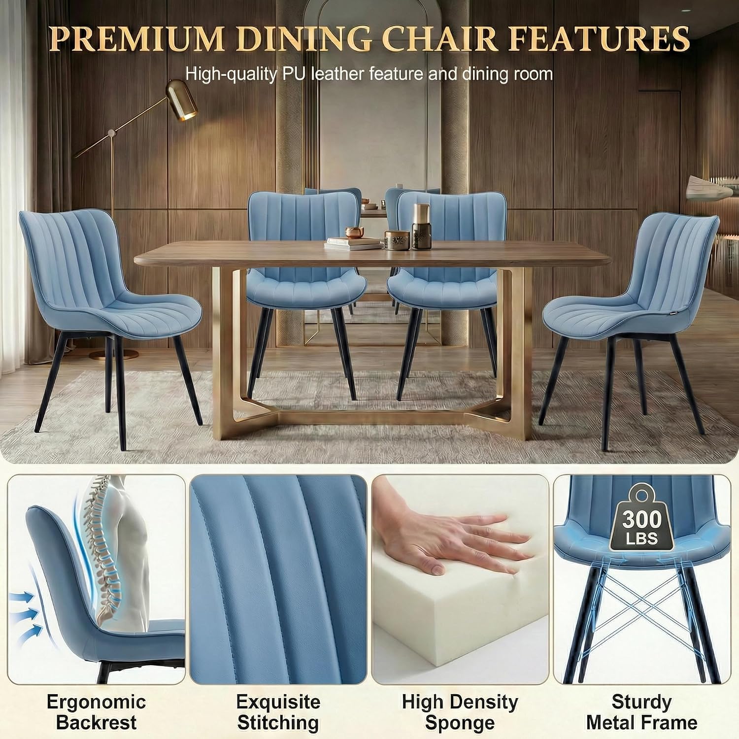 Detalle 1 de Kidol & Shellder Dining Chairs Set of 2, Blue Faux Leather, Metal Frame