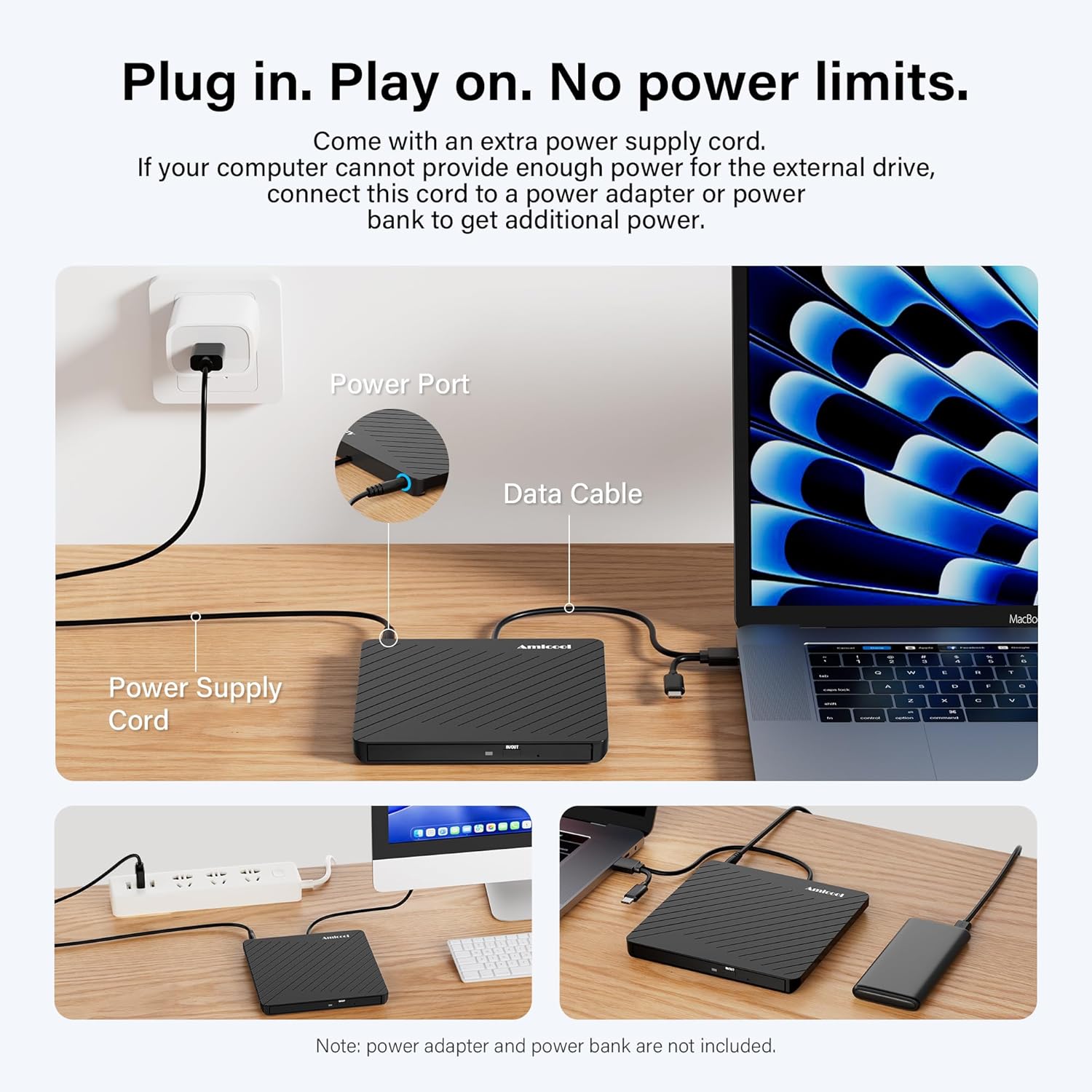 Detalle de Amicool Externes CD/DVD Laufwerk – USB-C/USB-A, Ultraflach 13 mm, Dual-Stromversorgung, kompatibel mit MacBook, Windows, Linux
